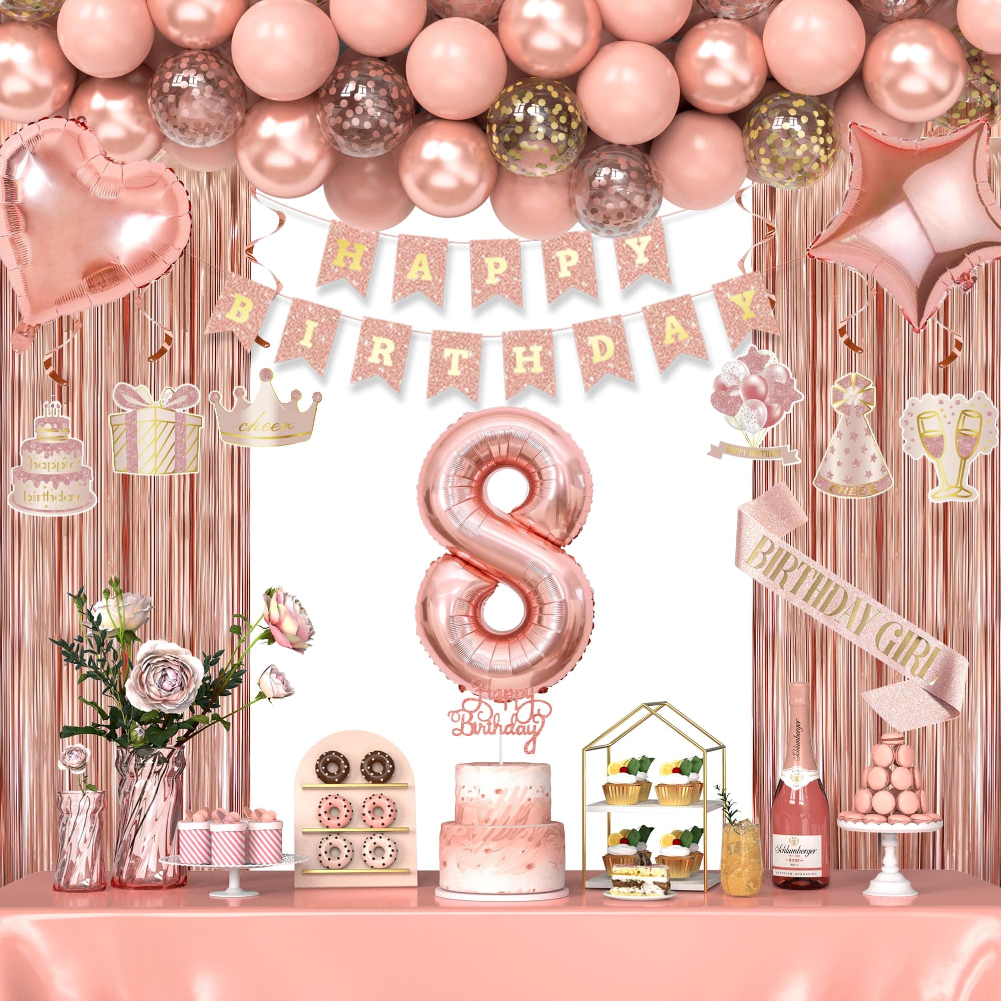 8th Birthday Decorations for Girls, Happy 8 Birthday Decorations for Her, Rose Gold Birthday Party Supplies with Banner, Number Balloons, Fringe Curtains, Hanging Swirls