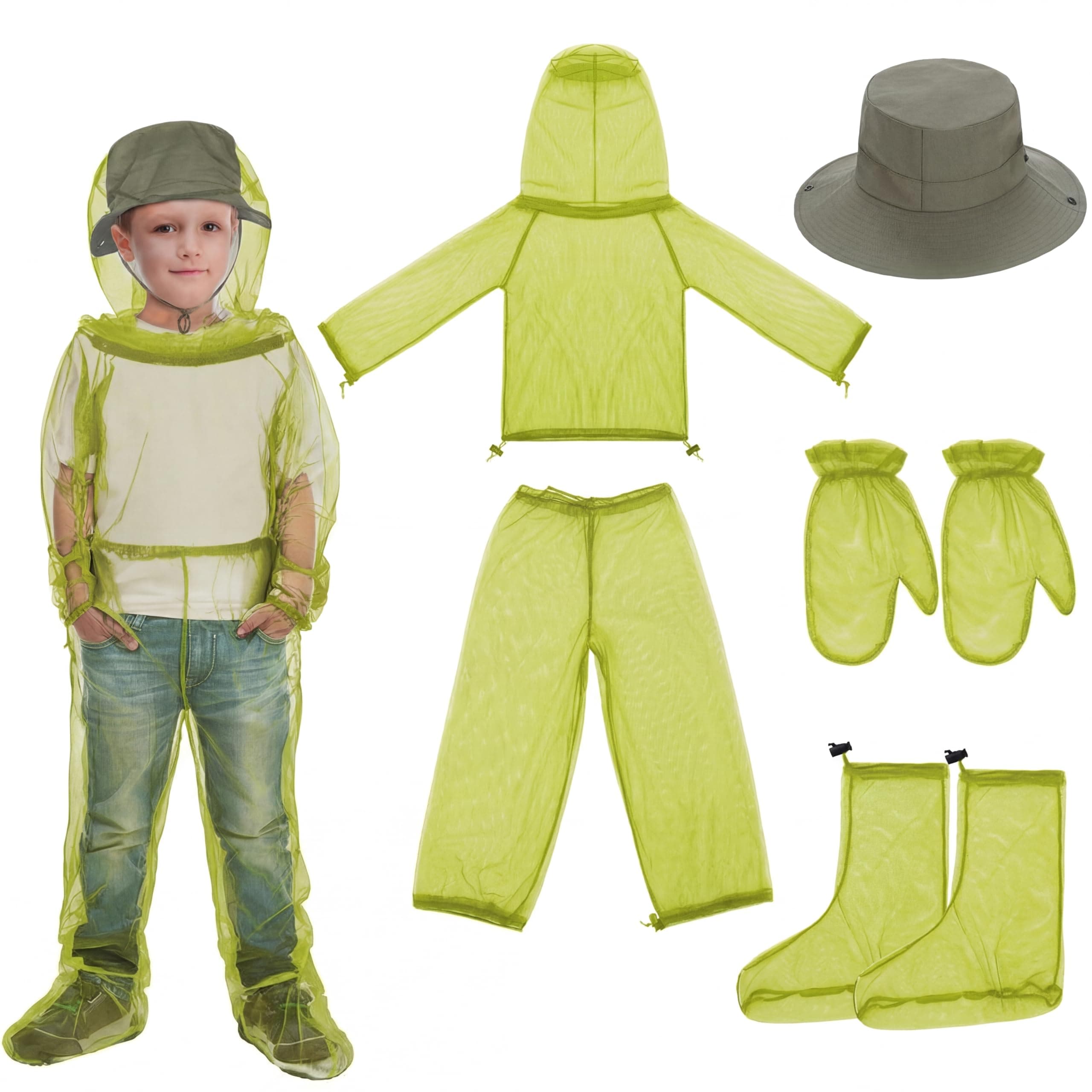 Threehoney Kids Mosquito Outdoor Suit Bug Net Pants & Jacket with Hood Fishing Hat Mitt Socks for Girls Boys Camping Hiking(Medium,Green)