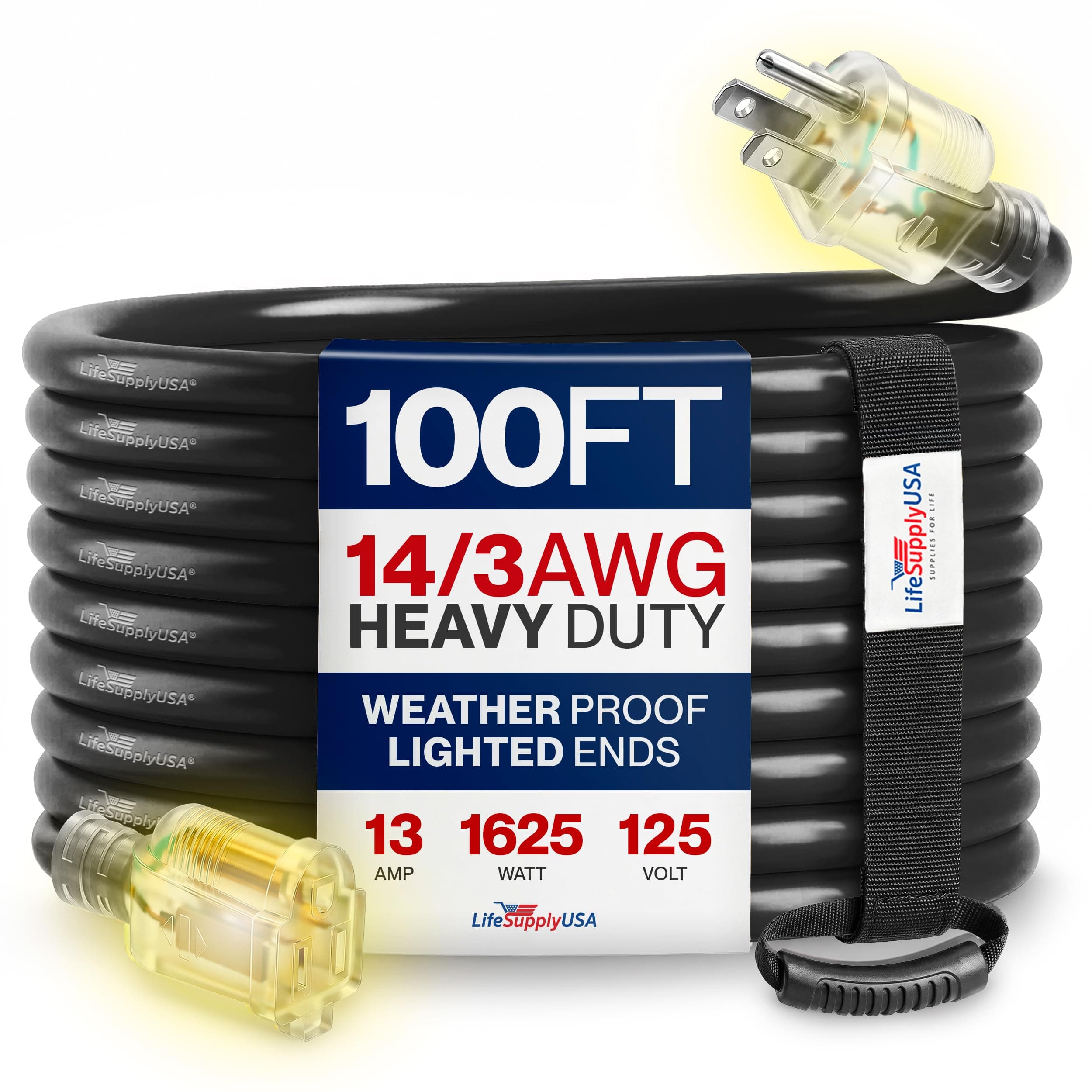100ft Outdoor/Indoor Extension Cord 14/3 Gauge Heavy Duty 3 Prong SJTW, Waterproof, Flexible Cold-Resistant Long Power Cord,13A 125V 1625W, Black by LifeSupplyUSA