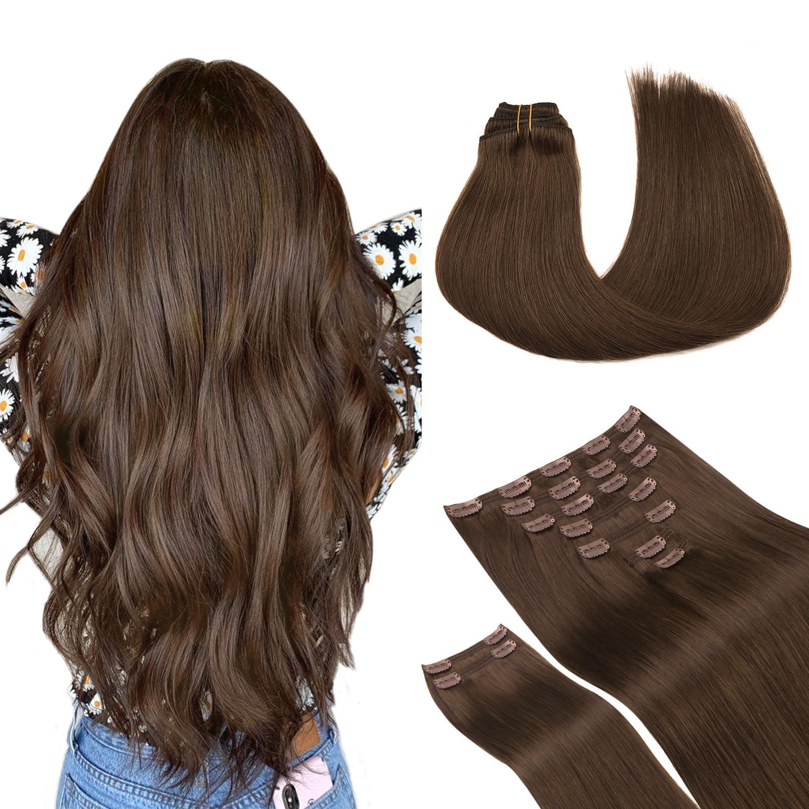 MAXITA Clip in Real Human Hair Extensions, 9pcs 24 Inch 150g Chocolate Brown Straight Long Hair Extenions for Women, Remy Natural Human Hair Extensions Double Weft Clip in Hair Extensions