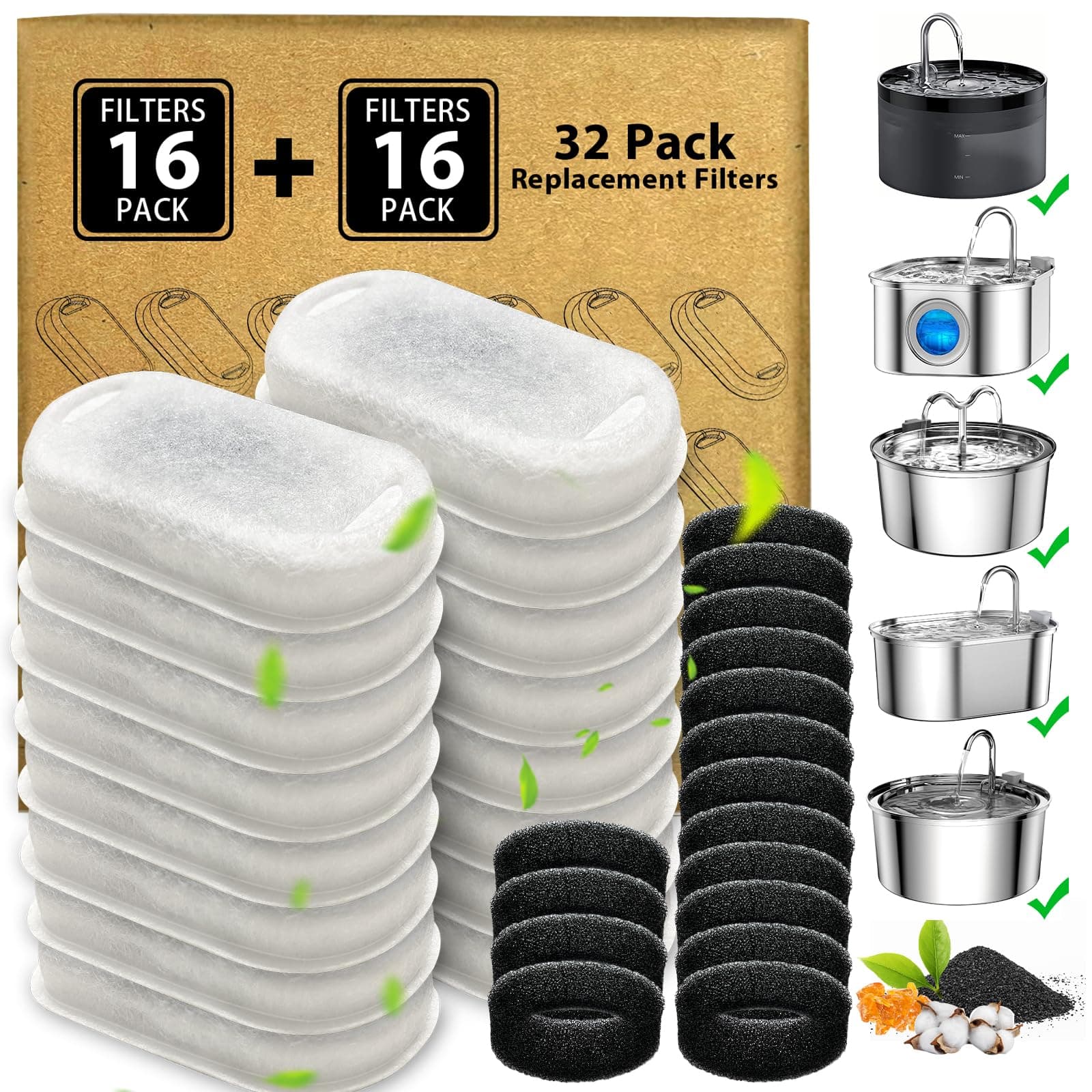 16+16 Pack Cat Water Fountain Filters for 3.2L & 2L Fountains