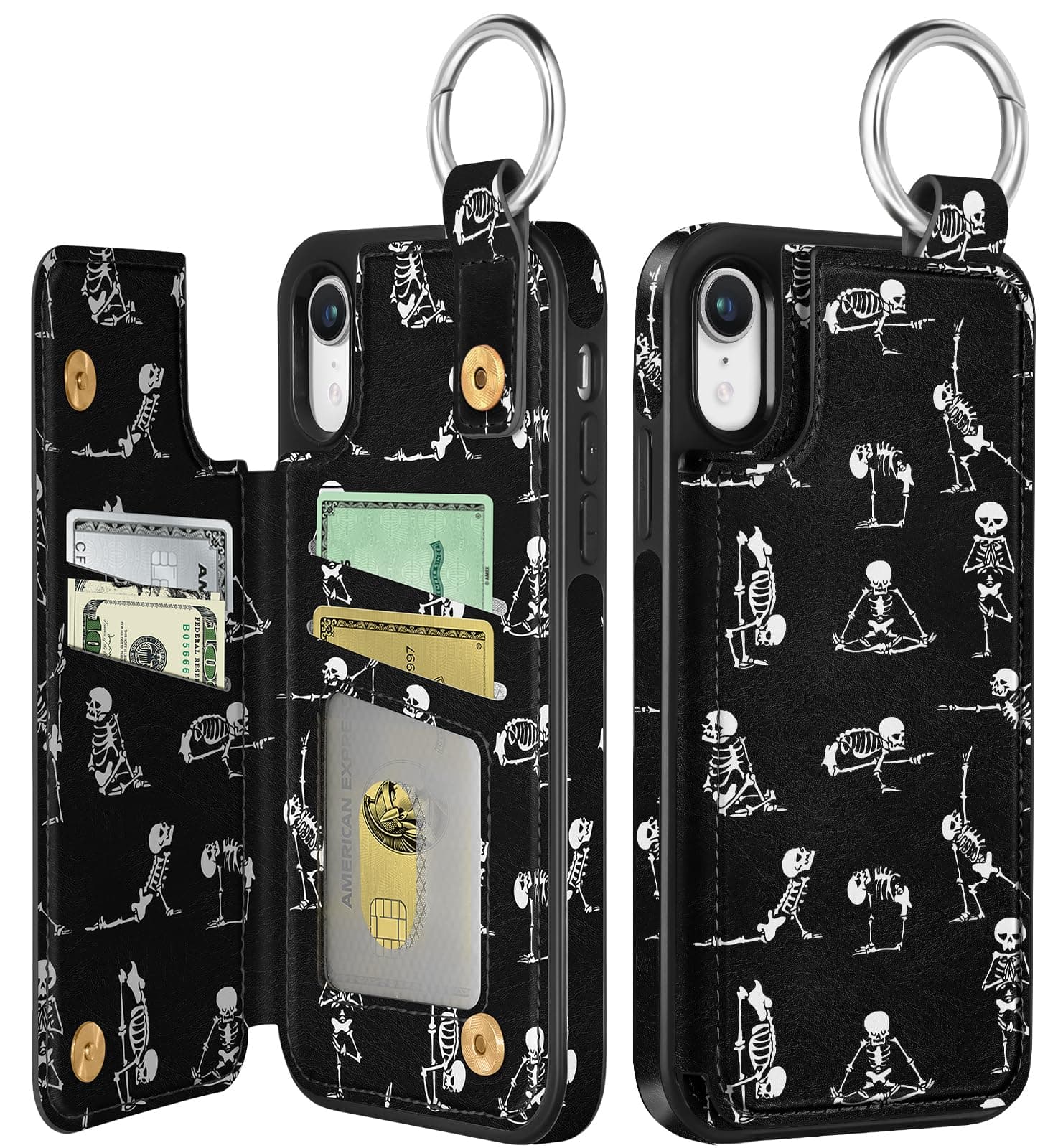 Shorogyt for iPhone XR Wallet Case with Card Holder - Designer Skeleton Pattern Kickstand Magnetic Clasp Back Flip Folio Leather Phone Cases for Women Men Girls for iPhone XR