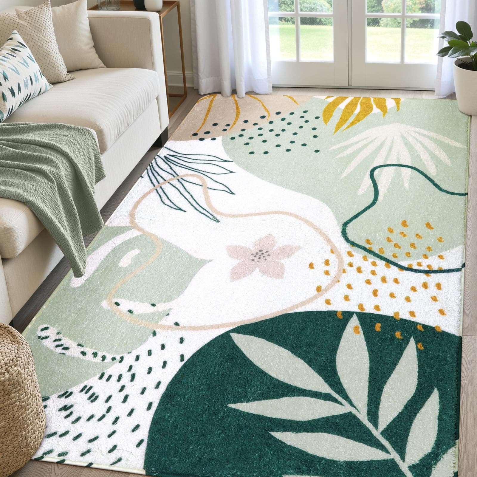 Lahome Green Machine Washable Living Room Rugs - 4x6 Area for Bedroom Throw Non-Slip Lightweight Dining Rug, Boho Botanical Print Soft Indoor Carpet Office Laundry Kitchen Entryway 4' x 6'