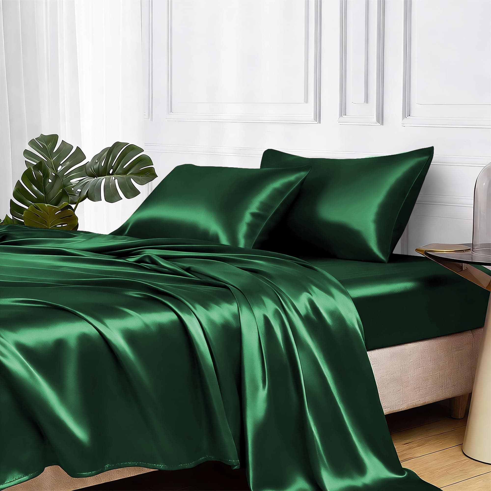 MR&HM Satin Sheets Twin Size with Elastic Corner Straps, Dark Green