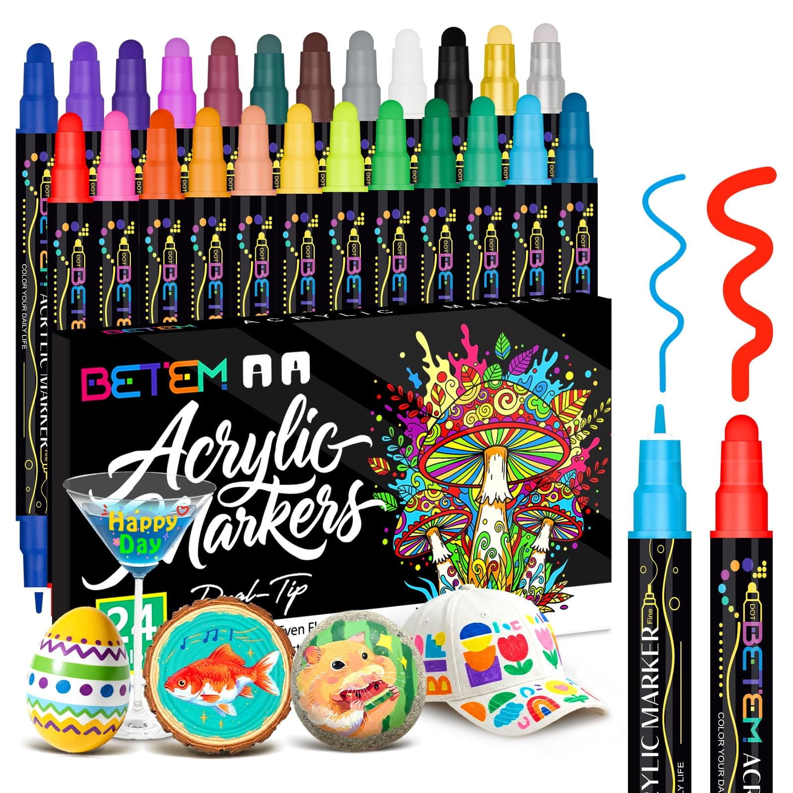 Betem 24 Colors Dual Tip Acrylic Paint Markers, Fabric Decorating Kits