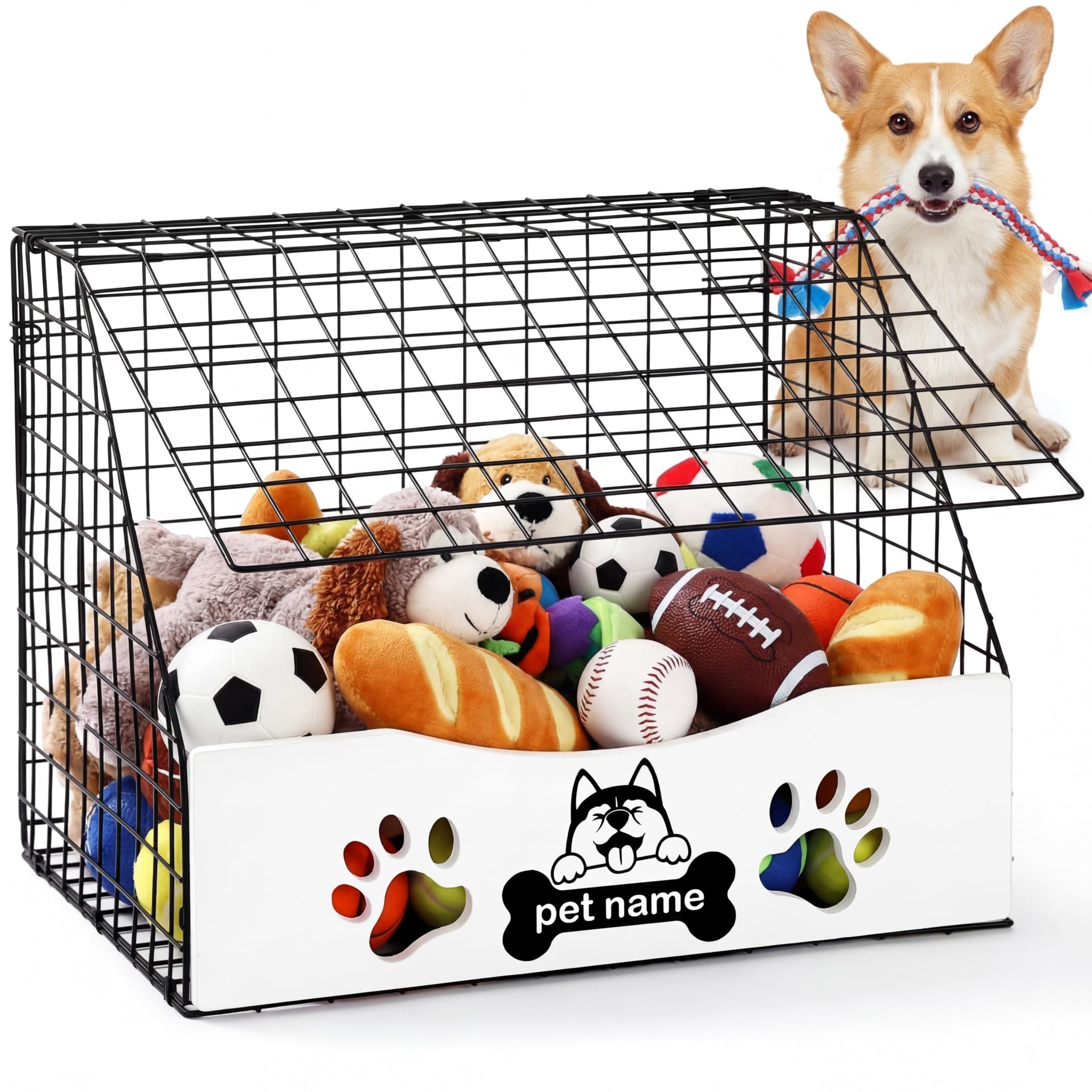 AceOrbit Dog Toy Basket with Cover Small Toy Box for Dogs Pet Toys Bin Dog Metal Basket for Toys Pet Storage Organizer, Cat Playthings Box for Living Room Area Home Decor(White)