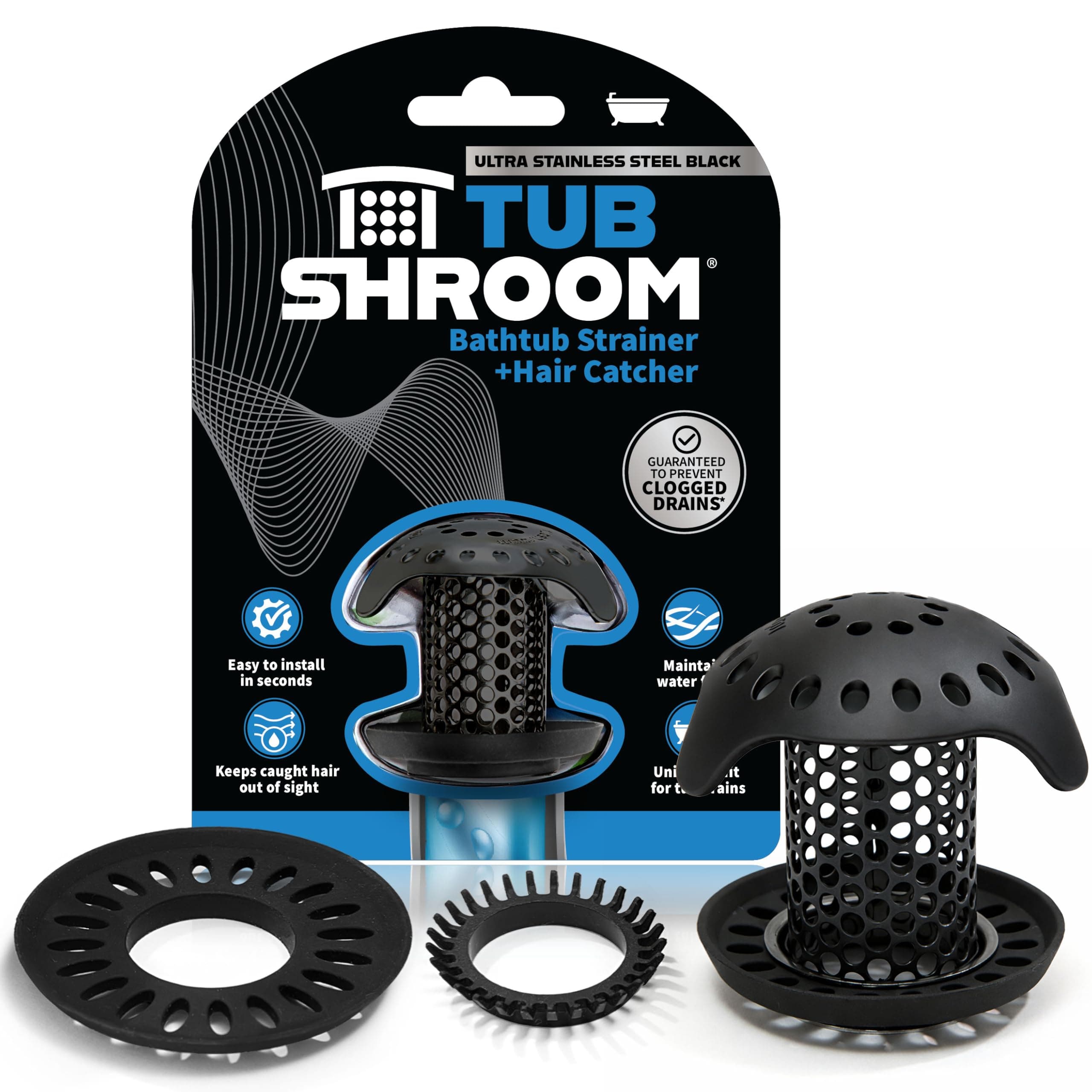 TubShroom Ultra Stainless Steel Drain Protector, Hair Catcher Strainer for Bathroom Tub and Shower, Matte Black, 1-Pack