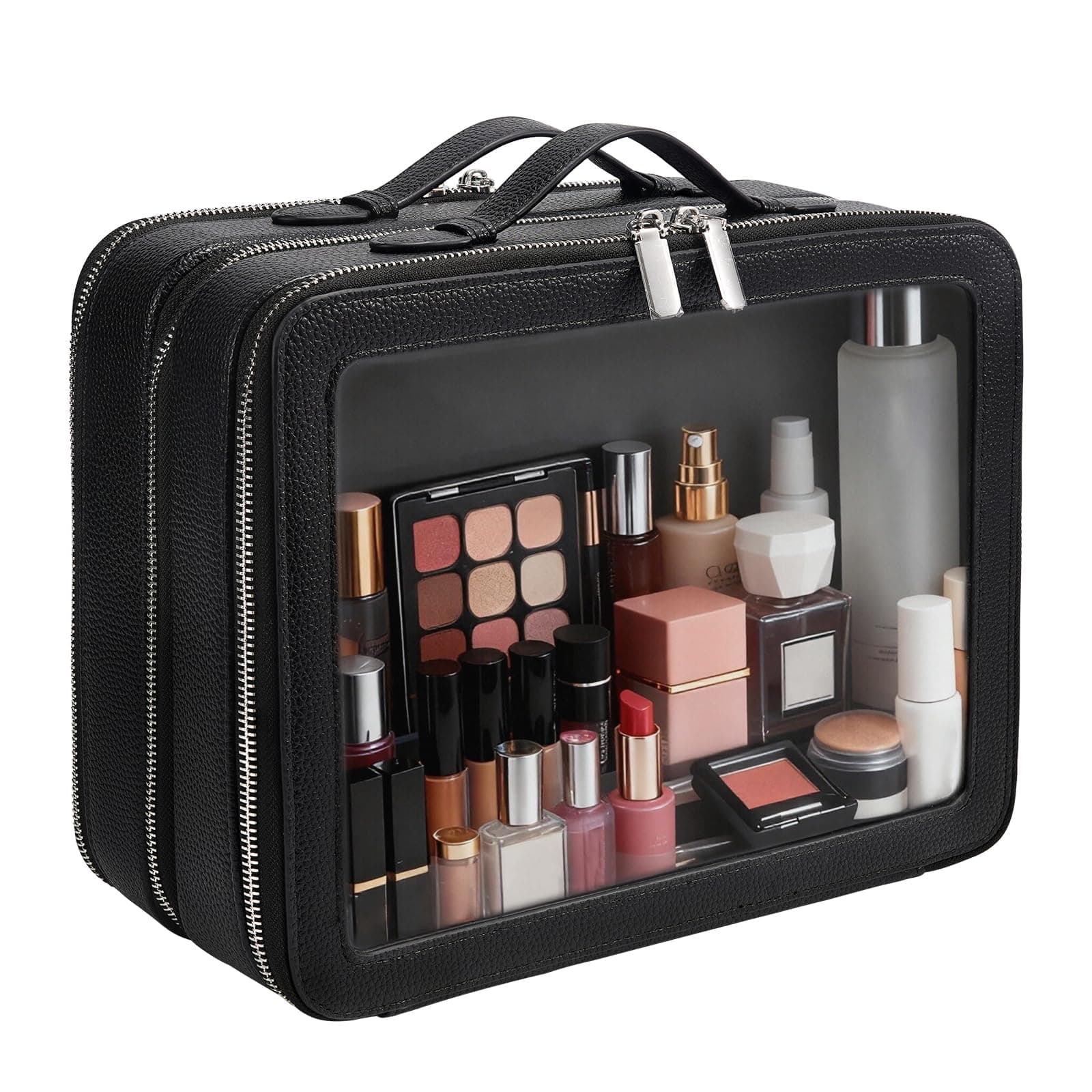 idoltimes Clear Makeup Bag,Large Toiletry Case for Women,PU Leather Travel Cosmetic Bag,Detachable Makeup Case,Double Compartment Make up Organizer, Black, 11.5*5.31*9.05In, Minimalist