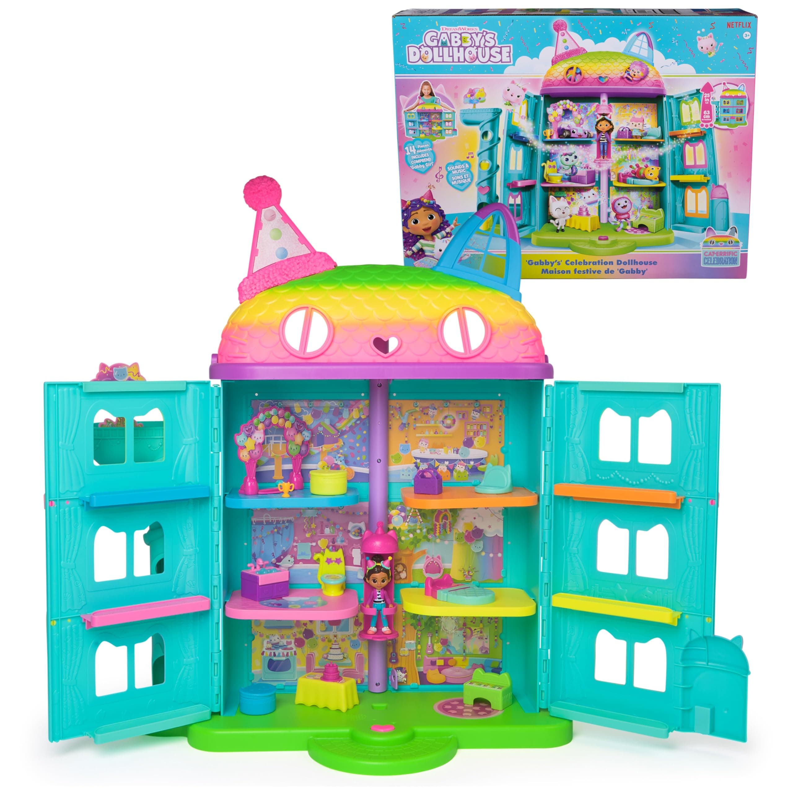 DreamWorks GABBY'S Dollhouse, 14 Pc Celebration Dollhouse, 25-Inches Tall, with Toy Figures, Doll House Furniture & 10 Sounds, Kids Toys for Girls & Boys Ages 3+