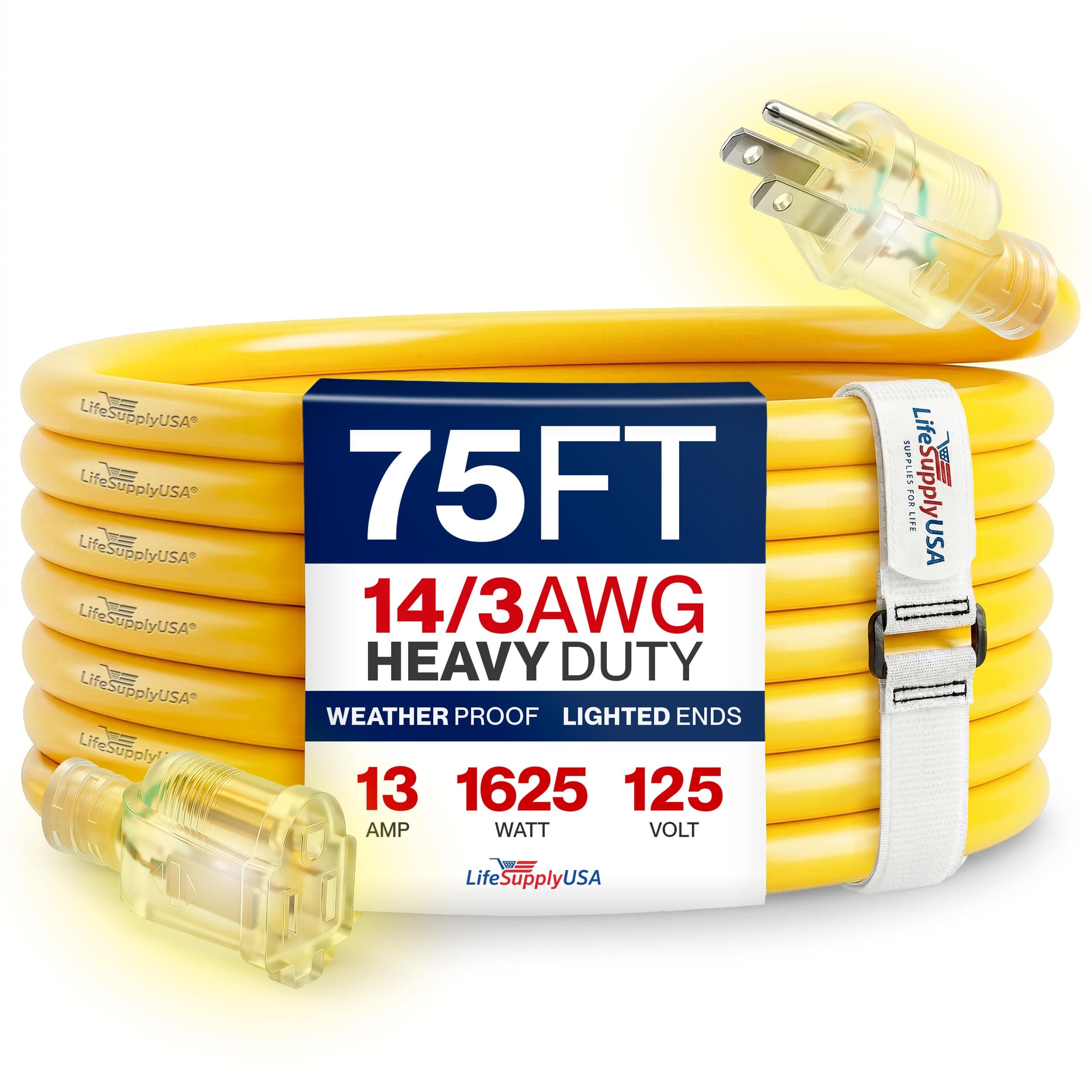 75ft Outdoor/Indoor Extension Cord 14/3 Gauge Heavy Duty 3 Prong SJTW, Waterproof, Flexible Cold-Resistant Long Power Cord,13A 125V 1625W, Yellow by LifeSupplyUSA