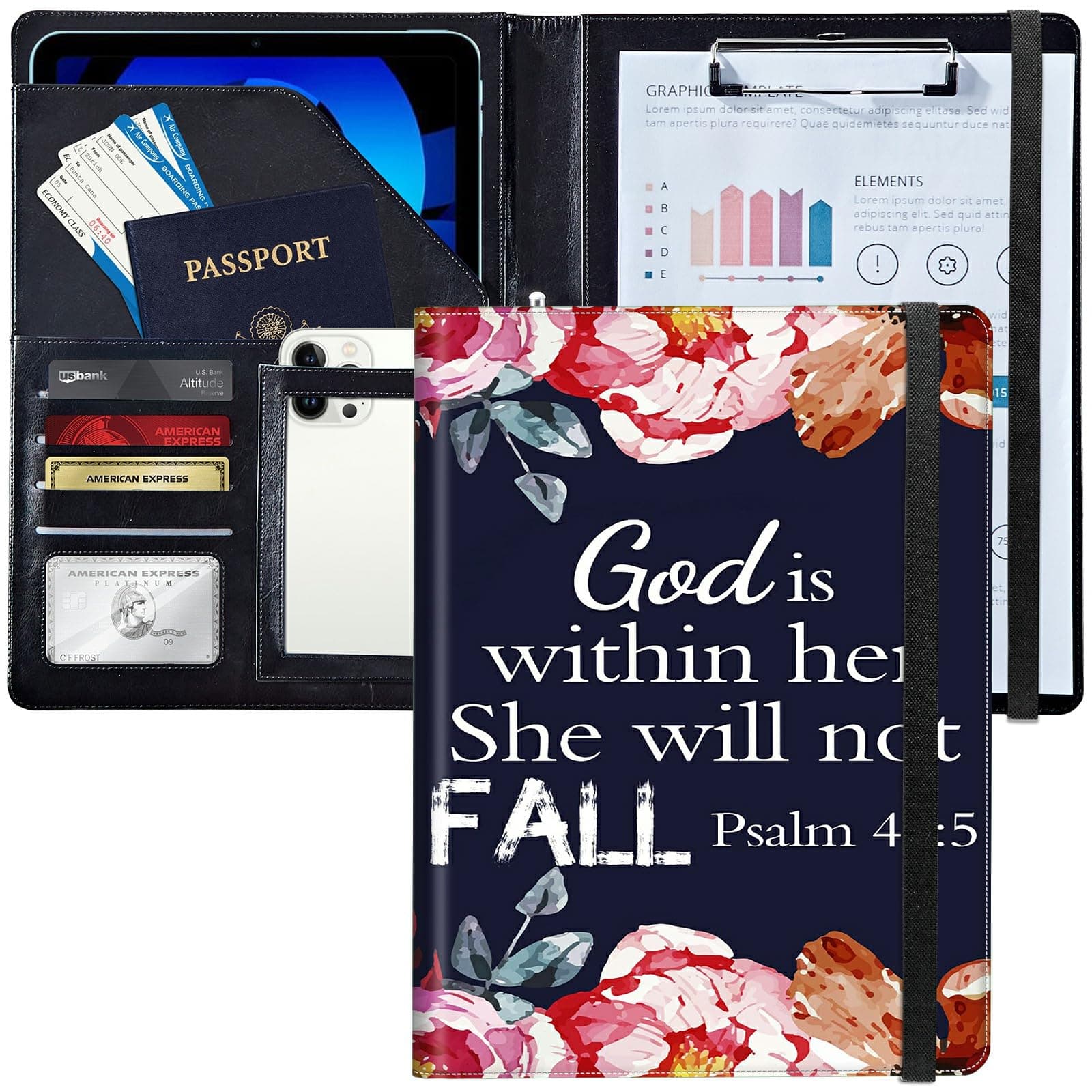 BEOTIWAD PU Leather Padfolio Folder Clipboard Portfolios Organizer Conference Document Organizer with Business Card Holder Storage Clipboard Writing Pad,Psalm 46-5 with Flowers