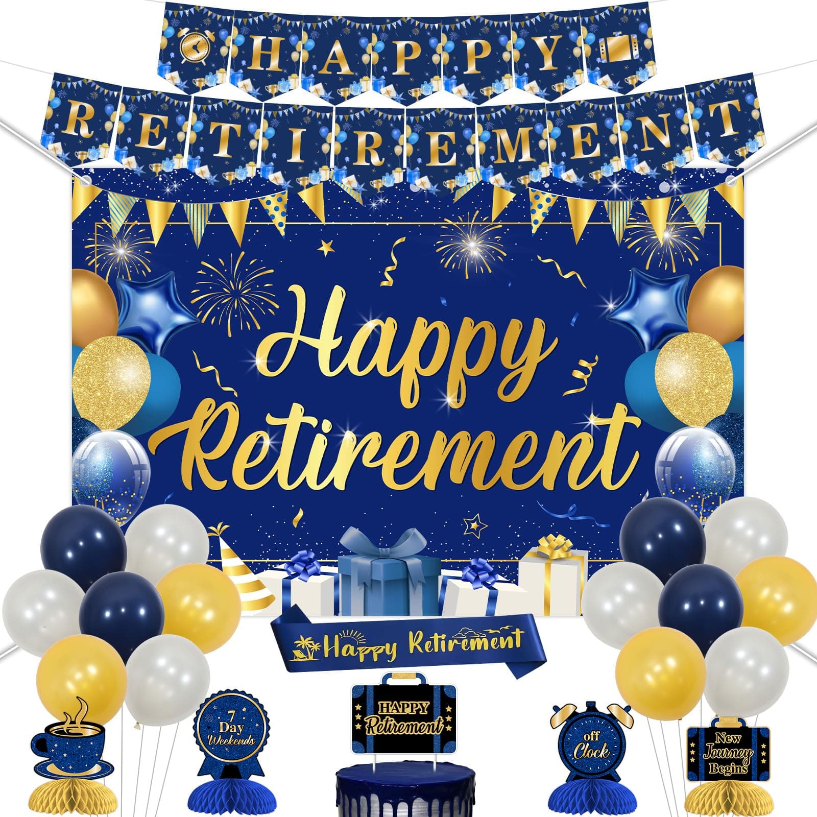 SHADOAMP Retirement Party Decorations for Men, Blue Gold Happy Retirement Backdrop Banner Sash Honeycomb Centerpieces Cake Topper Latex Balloons for Office Farewell Party Decorations Supplies