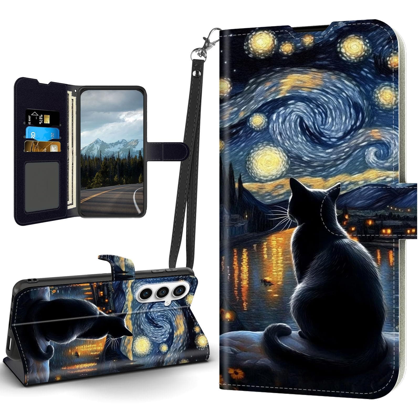 Tudguiloae for Samsung Galaxy S25 FE Case, Flip PU Leather Magnetic Clasp Cell Phone Wallet for S25 FE, Kickstand Shockproof Cover Wristlet Card Holder Slot Soft Film, Starry Night Black Cat