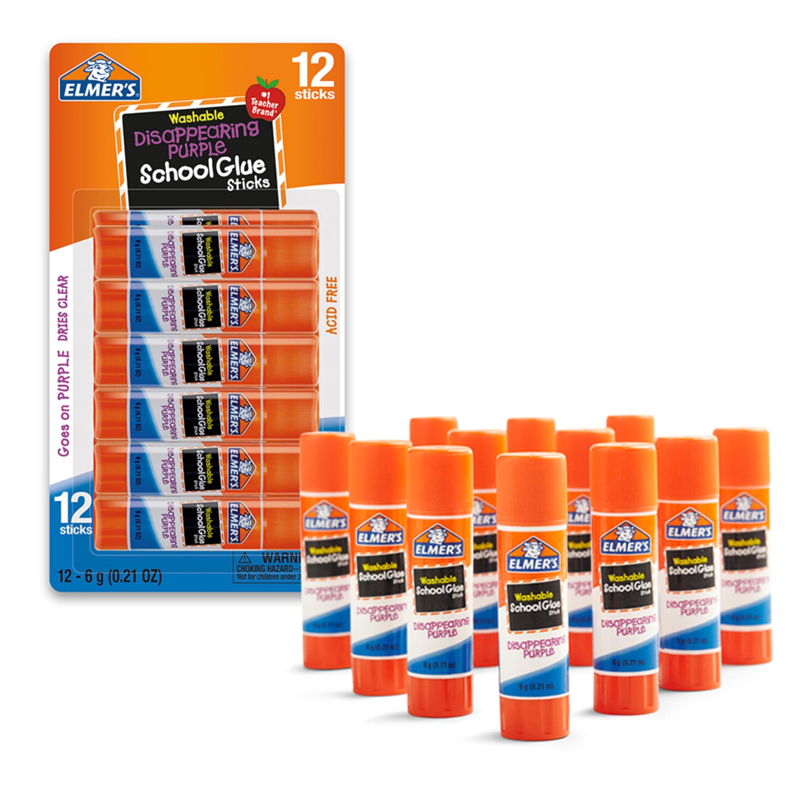 Elmer's Disappearing Purple School Glue Sticks, 0.21 oz Each, 12 Sticks per Pack (E1559)
