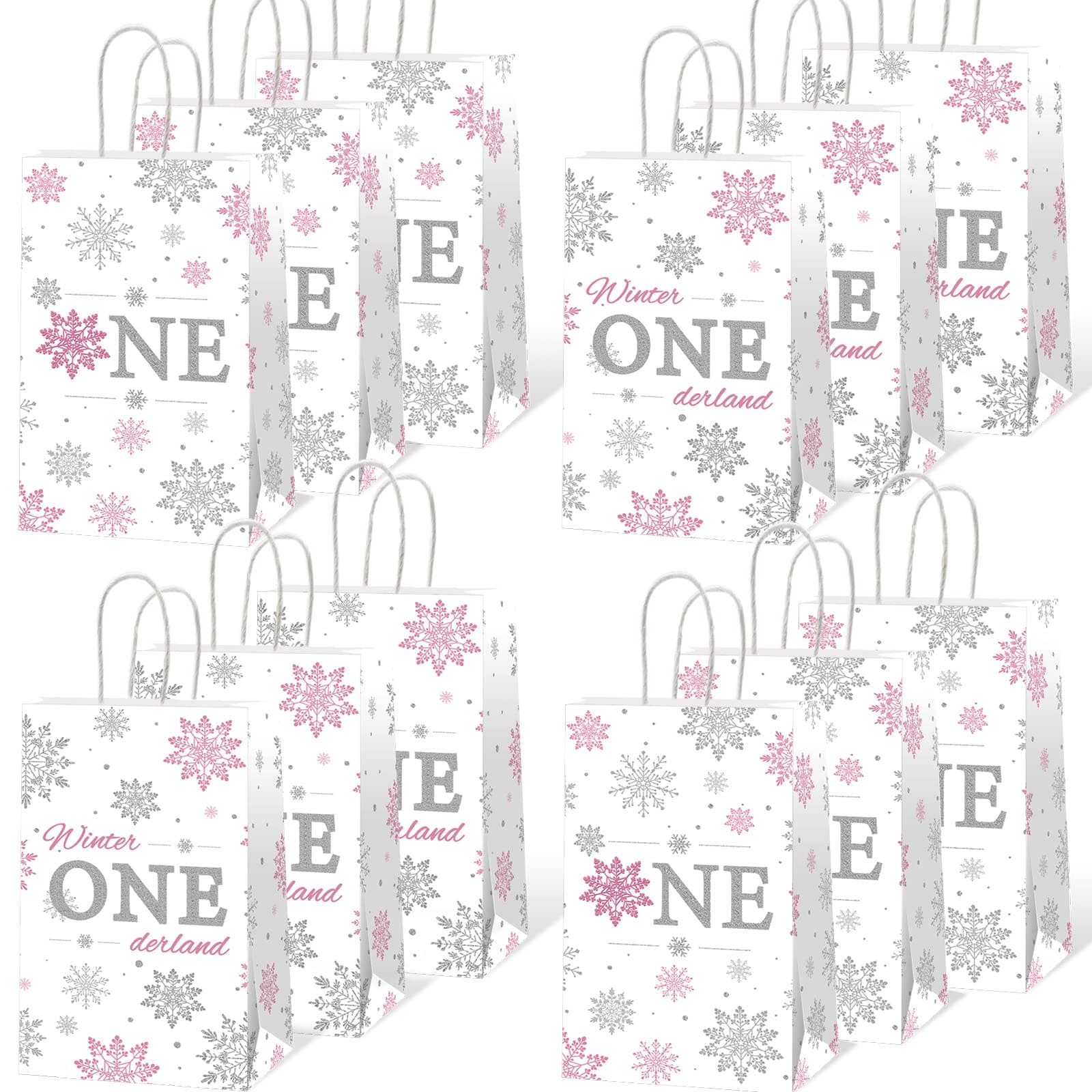 Winter Onederland Gift Bags Snowflake1st Bags First Birthday Party Supplies for Baby Girls Silver&Pink One Birthday Goodie Bags Snowflake Treat Bags for Baby Shower Kids Birthday Party Decorations