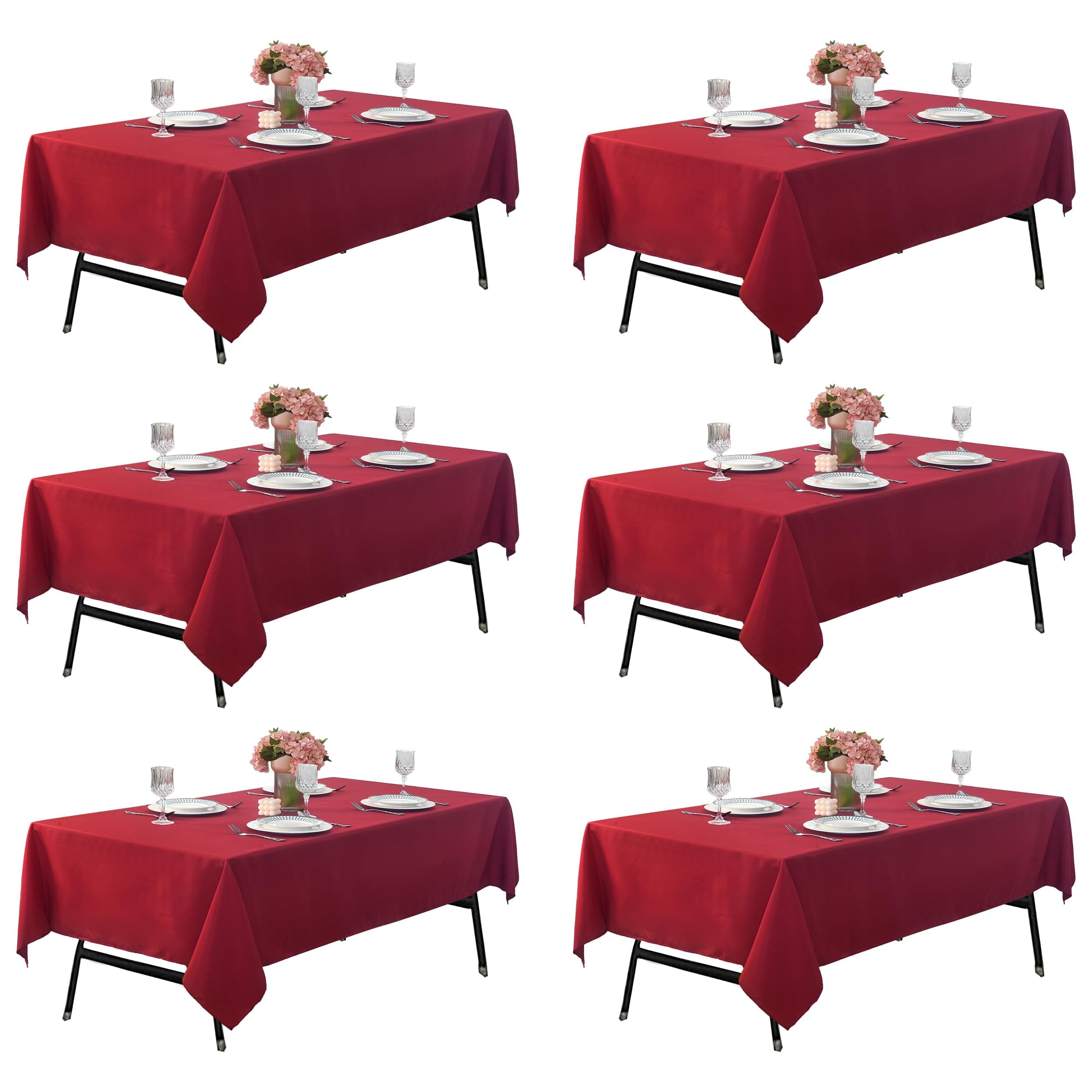 ZarzaaSik 6-Pack 60x102 inch Burgundy Table Cloths, Solid Stain and Wrinkle Resistant Oblong Tablecloth, Premium Plain Weave Polyester Fabric Rectangle Table Linen Covers for Hotel, Wedding