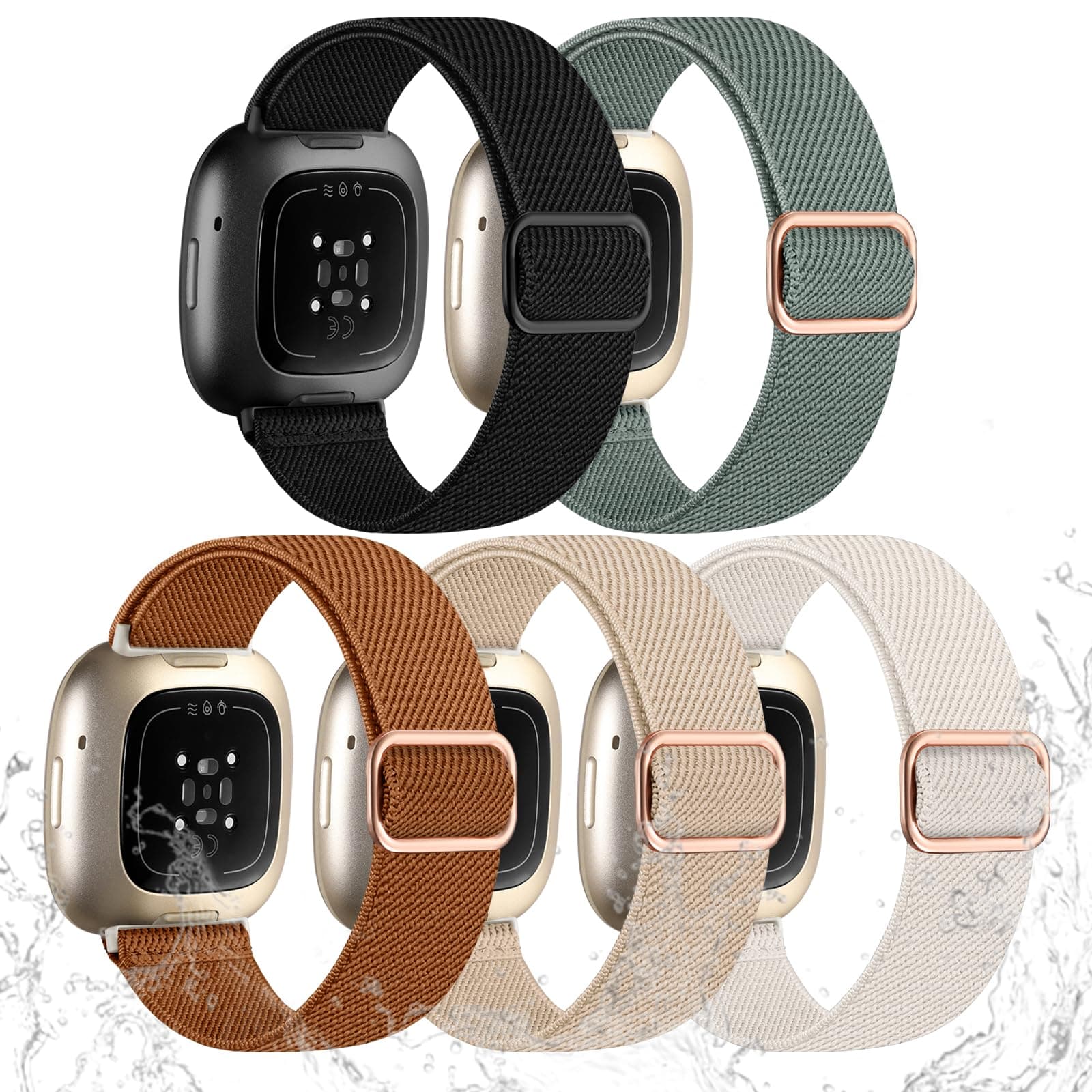 Odbeai Band Compatible with Fitbit Versa 4 Bands for Woman, Compatible with Fitbit Versa 3 Bands Women/Sense 2/Sense Band, Water-Resistant Adjustable Stretchy Nylon Sport Strap for SmartWatch, 5 Packs