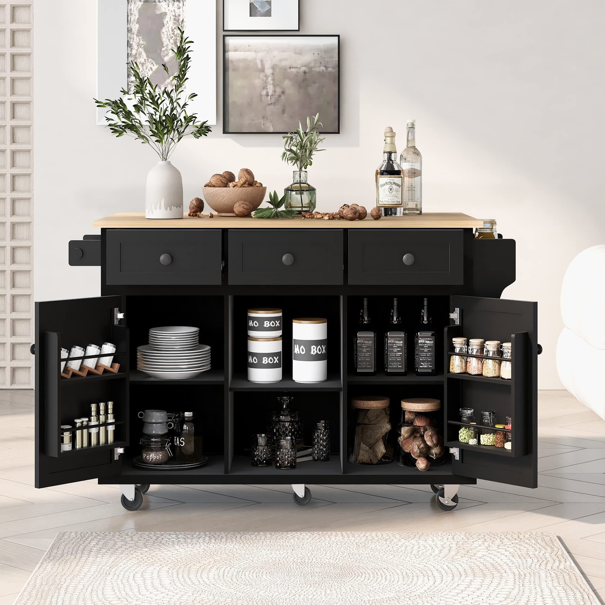 YOPTO Multipurpose Kitchen Cart Cabinet with Rubber Wood Drop-Leaf Countertop,Internal Storage Cabinet Racks W/ 5 Wheels & 3 Drawers for Dining Room, Home,Bar,Black