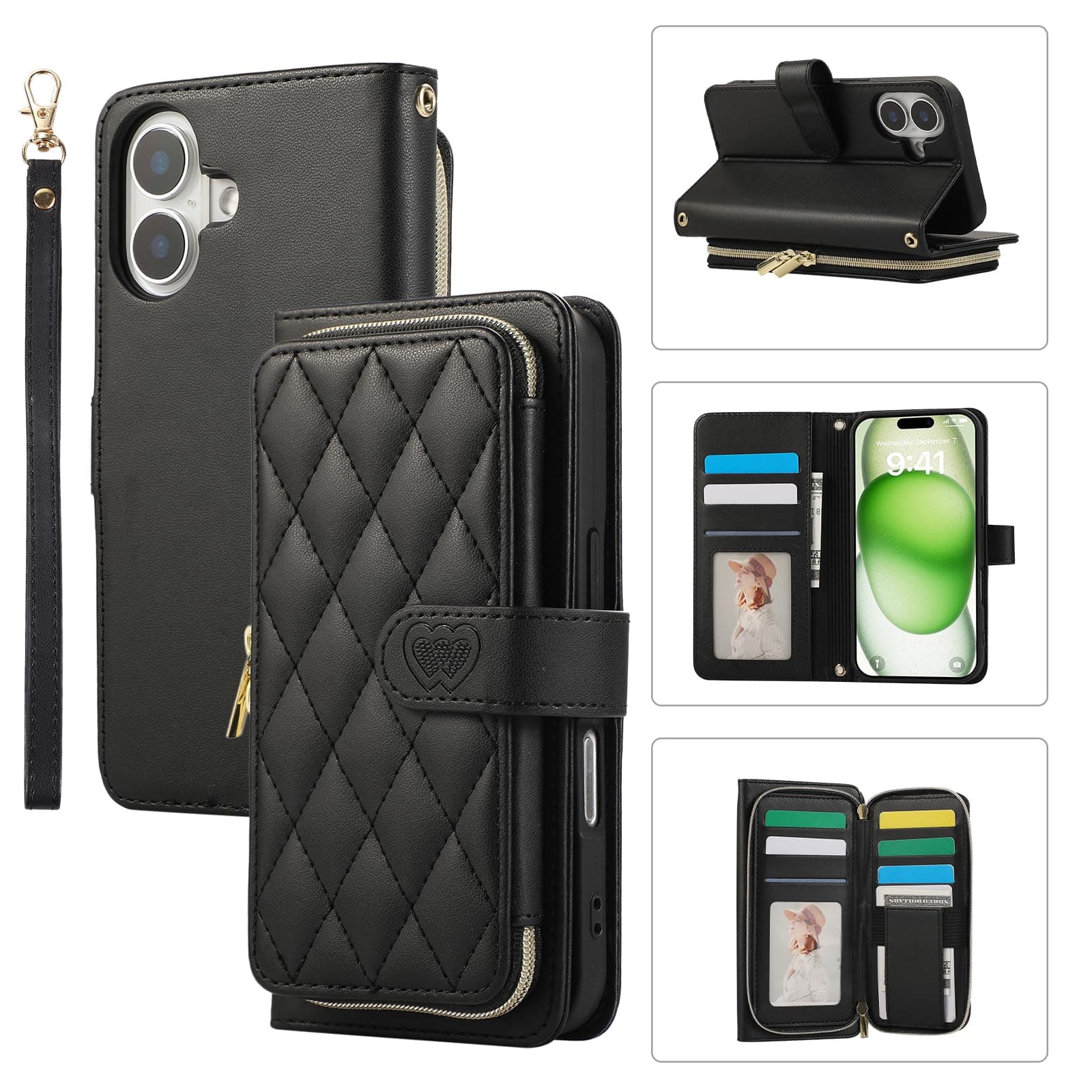 YYTVN Wallet Case for iPhone 16 6.1 inch with Zipper Card Holder & Shoulder Strap & Wrist Strap, Crossbody Purse Handbag Stylish Protective Cover for iPhone 16 -Black
