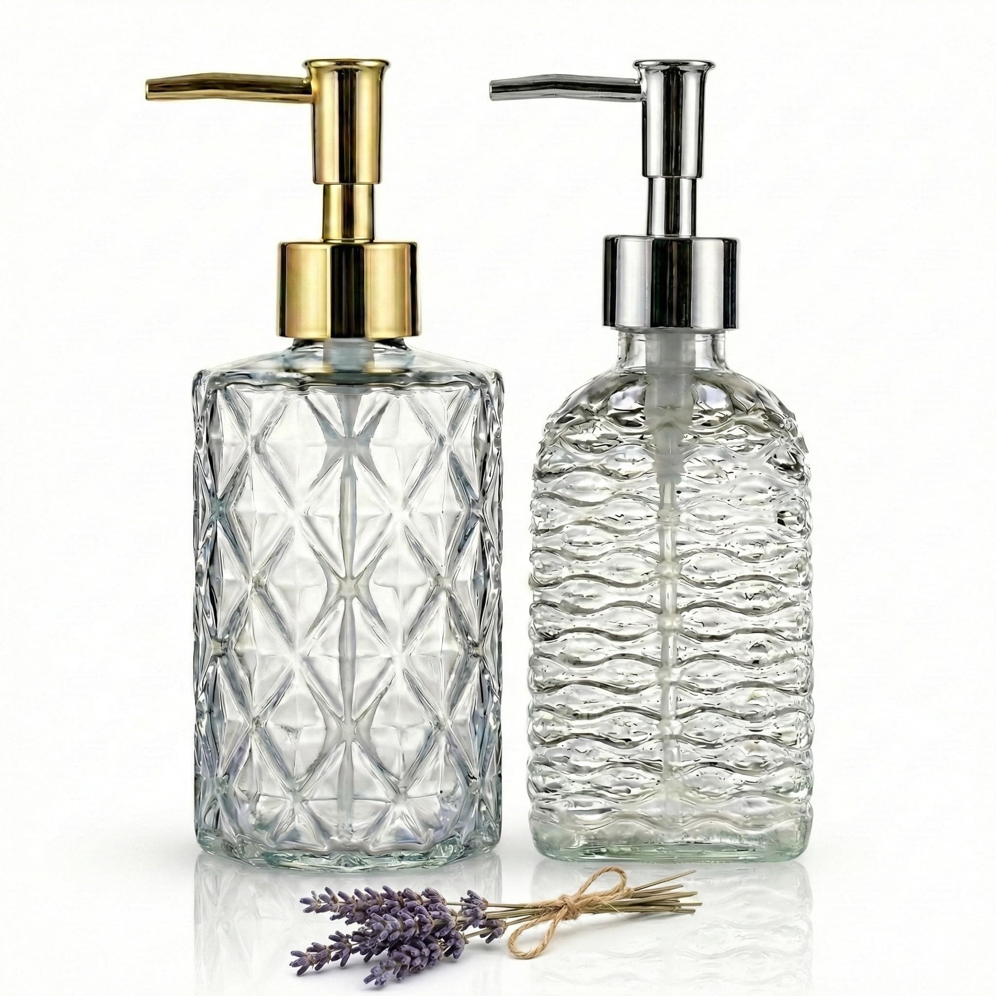 BOPPIE Ribbed Glass Soap Dispenser, Modern Countertop Hand & Dish Soap Dispenser for Bathroom/Kitchen, Refillable Liquid Soap Bottle with Rust Proof Pump Set of 2 (Clear Glass)