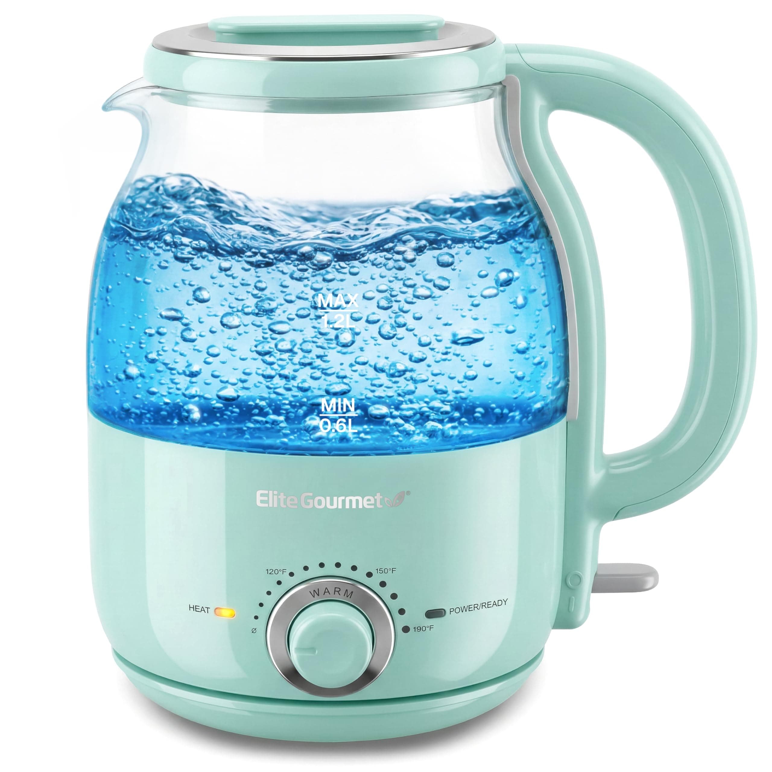 Elite Gourmet 1.2L Electric Glass Kettle, 1200W Fast Boil, Adjustable Temperature Control & Keep Warm, BPA-Free Borosilicate Glass, Auto Shut-Off & Boil-Dry Protection, 360° Cordless Base, Mint