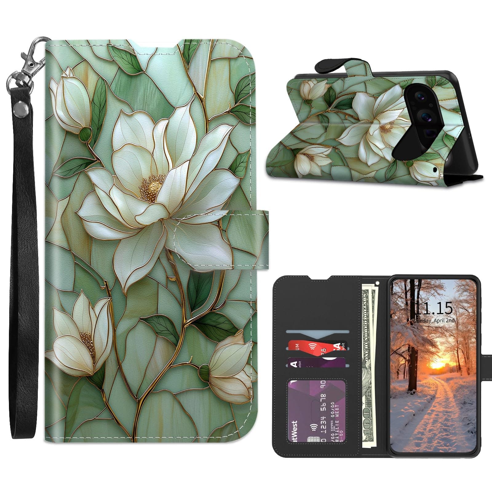 Gmeyutqy for Google Pixel 10 Pro XL Wallet Case Leather Flip Folio with Wrist Strap RFID Blocking Card Slots Kickstand Protective Cover for Pixel 10 Pro XL, Stained Glass Flower