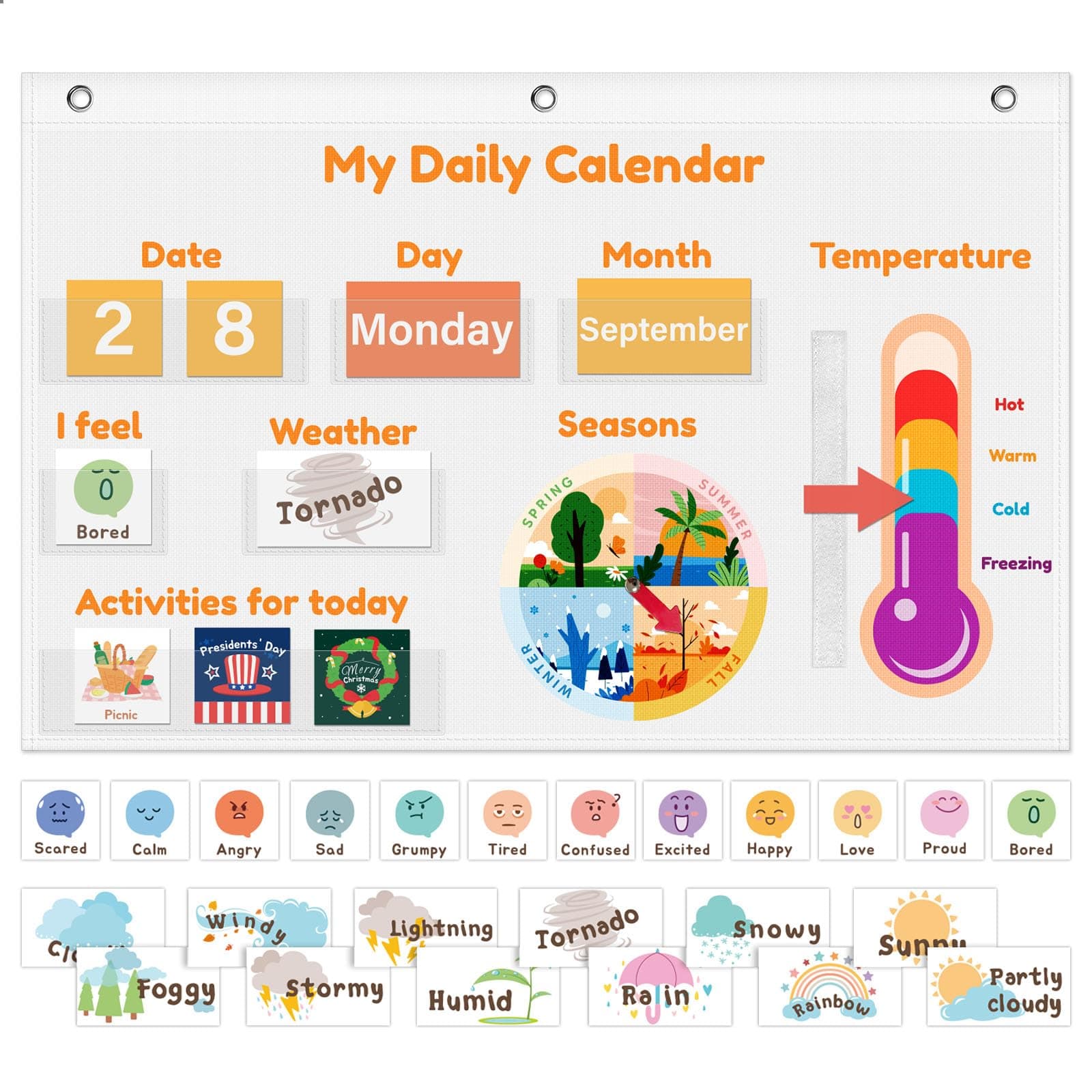 Jenlan My Daily Calendar Pocket Chart for Kids - All About Today Preschool Learning Center with Weather, Seasons, Emotions, Months Cards | Wall Hanging Classroom & Home Teaching Calendar Organizer