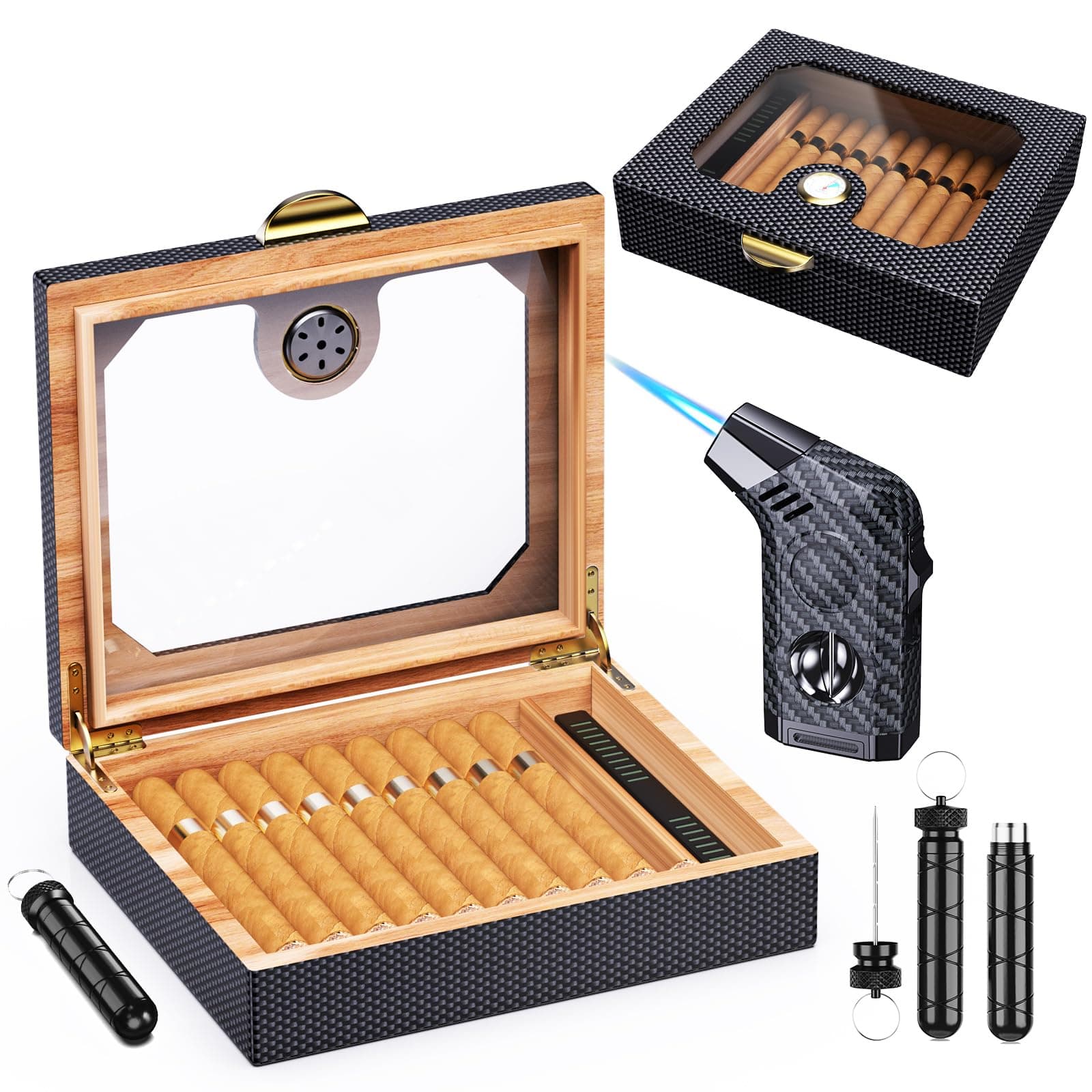 Cigar Humidor, Cedarwood Lined, with V-Cut Cigar Torch Lighter, Draw Enhancer & Punch 2-in-1 Tool, Hygrometer, Humidifier, Desktop Humidor Cigar Box for 20-25 Cigars, Cigar Accessories Gifts for Men