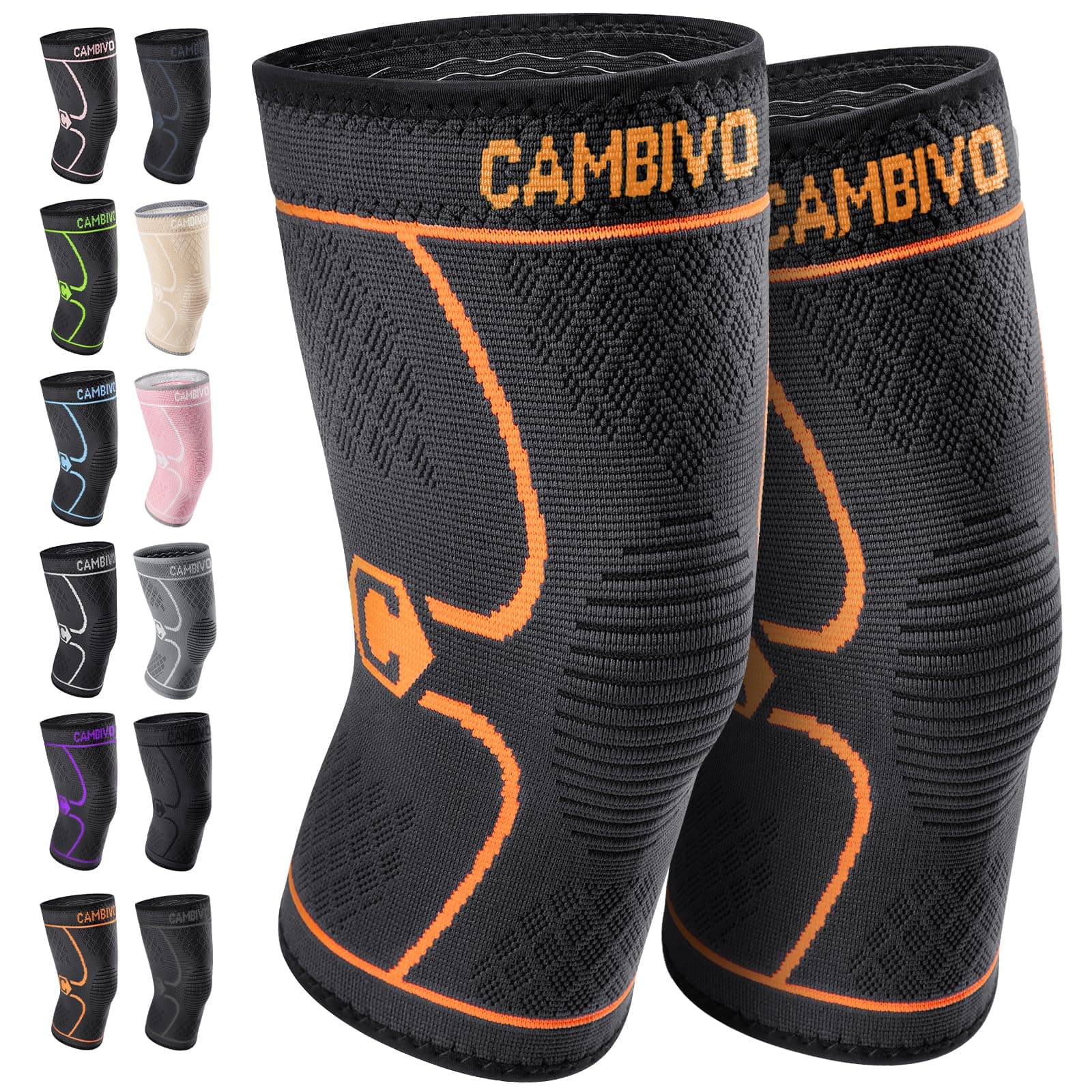 CAMBIVO 2 Pack Knee Brace, Knee Compression Sleeve Anti-Slip