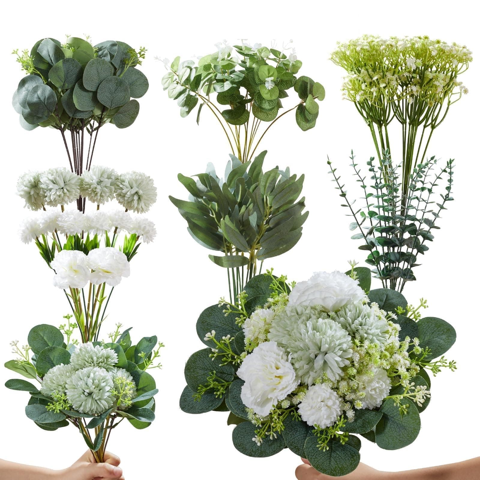 jbcgv 80 Pcs Artificial Greenery Stems Bulk – 8 Kinds Faux Eucalyptus Leaves & Flowers Set for DIY Wedding Bouquets, Vase Arrangements, Home Decor