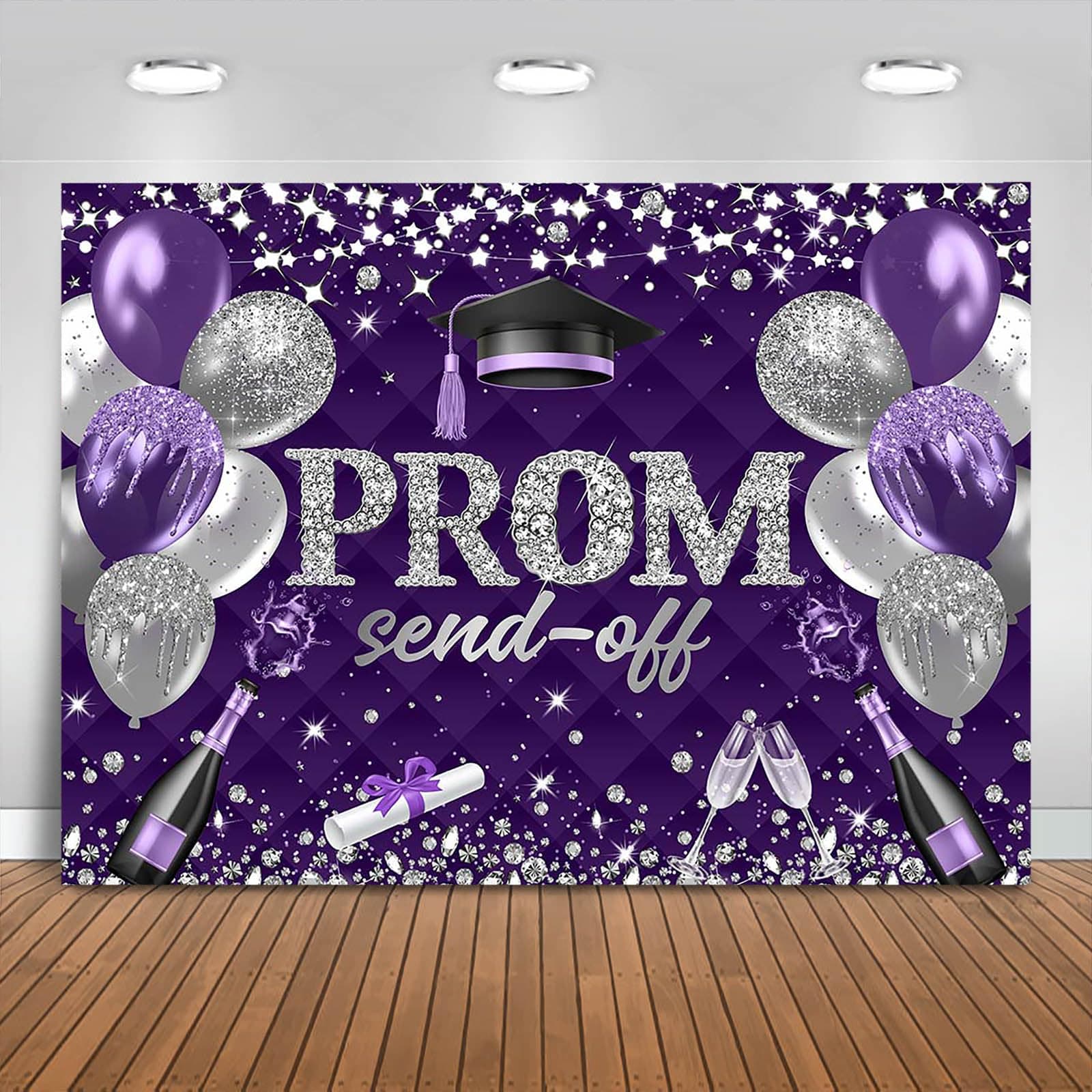 Fitumiw Prom Send Off 2026 Graduation Backdrop Class of 2026 Prom Background Party Decorations Congrats Grad Banner Photo Booth Props (Purple and Silver, 7x5ft)