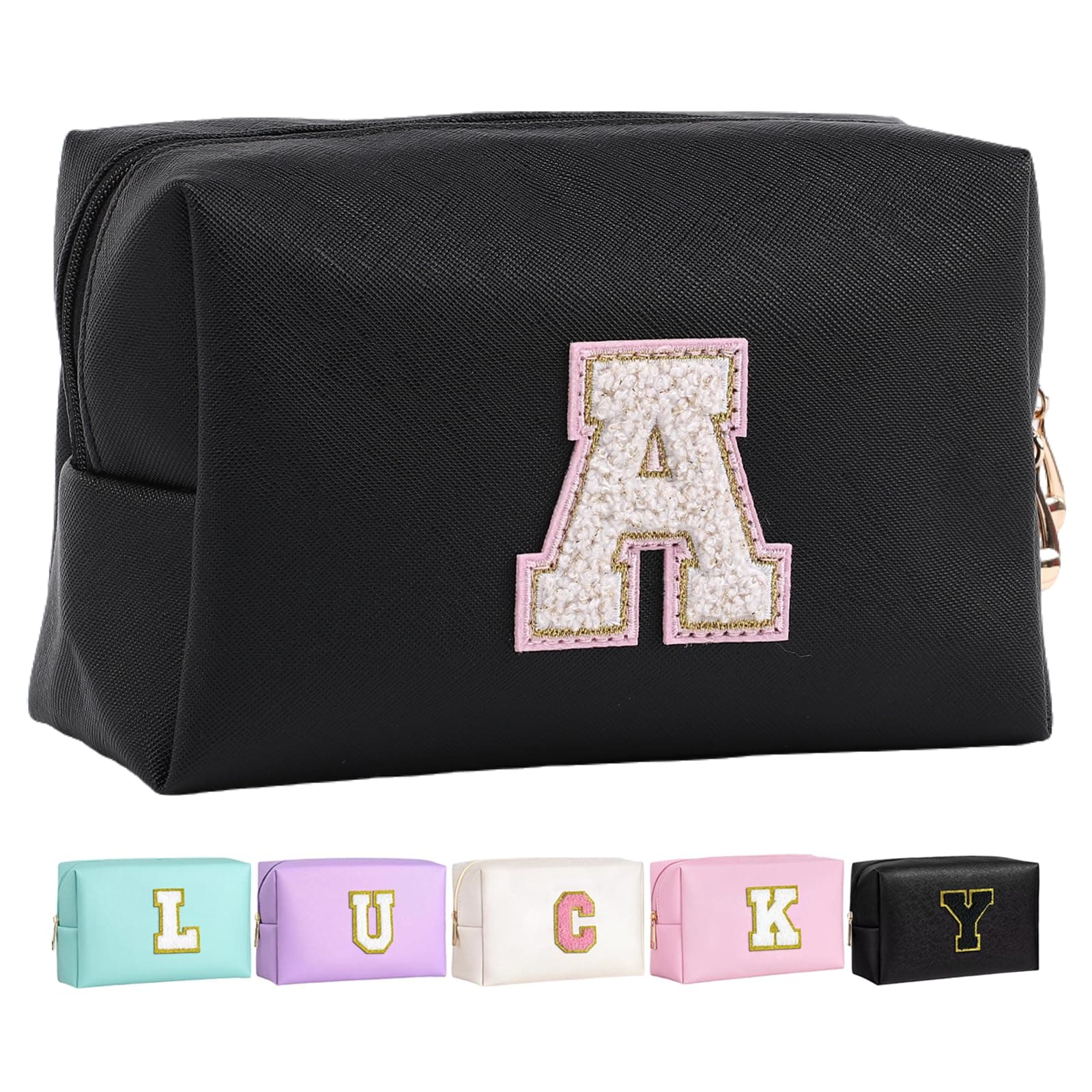 Letoileite Travel Toiletry Bag for Women,Personalized Chenille Letter Patch Waterproof Zipper Cosmetic Bag,Makeup Travel Organizer Bags Carry on Travel Accessories, Black-pink, A