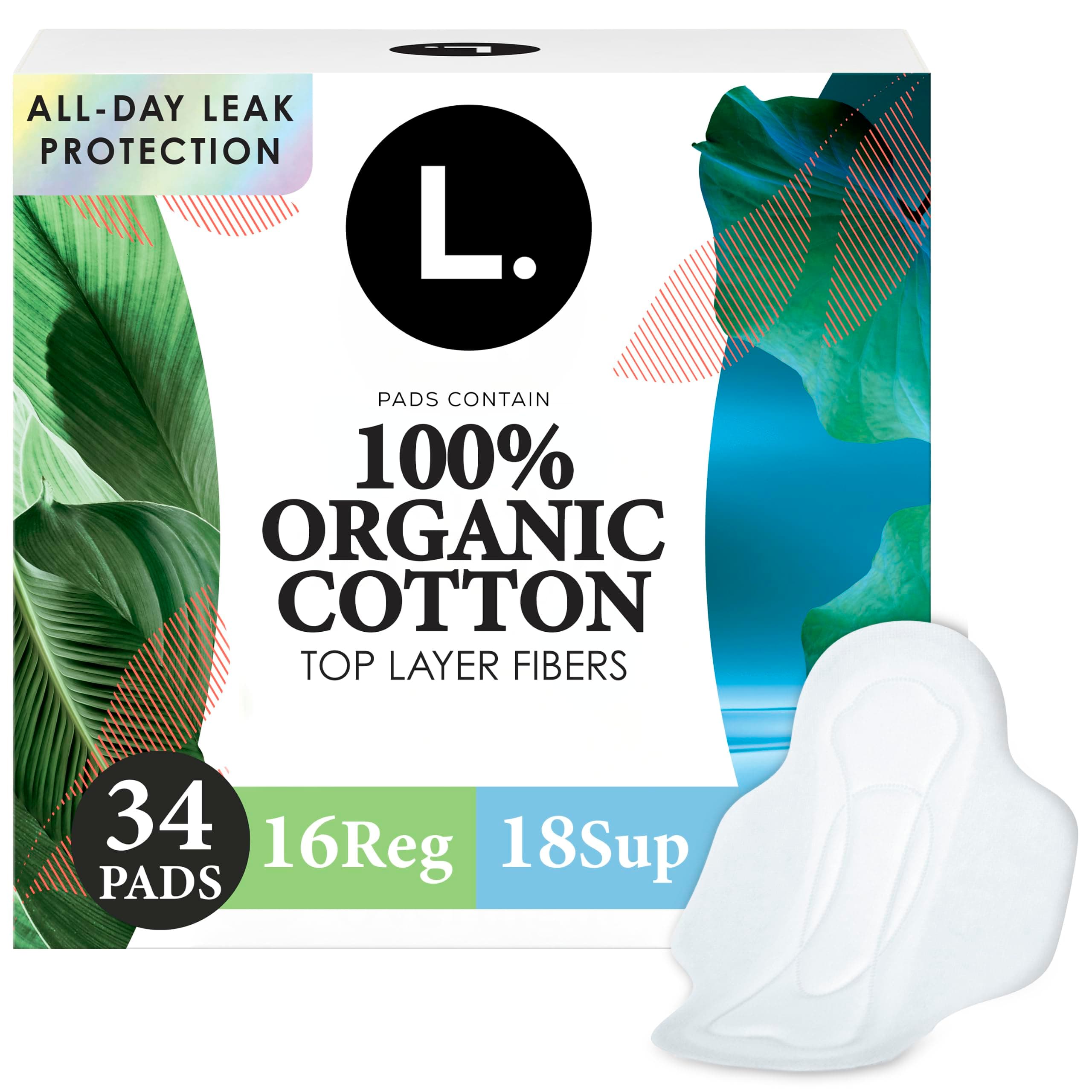 L. Ultra Thin Pads for Women, Organic Cotton Top Layer, Regular + Super Duo Pack Absorbency, Menstrual Pads with Wings, Made Without Synthetic Pesticides and Fragrances, 34 Count