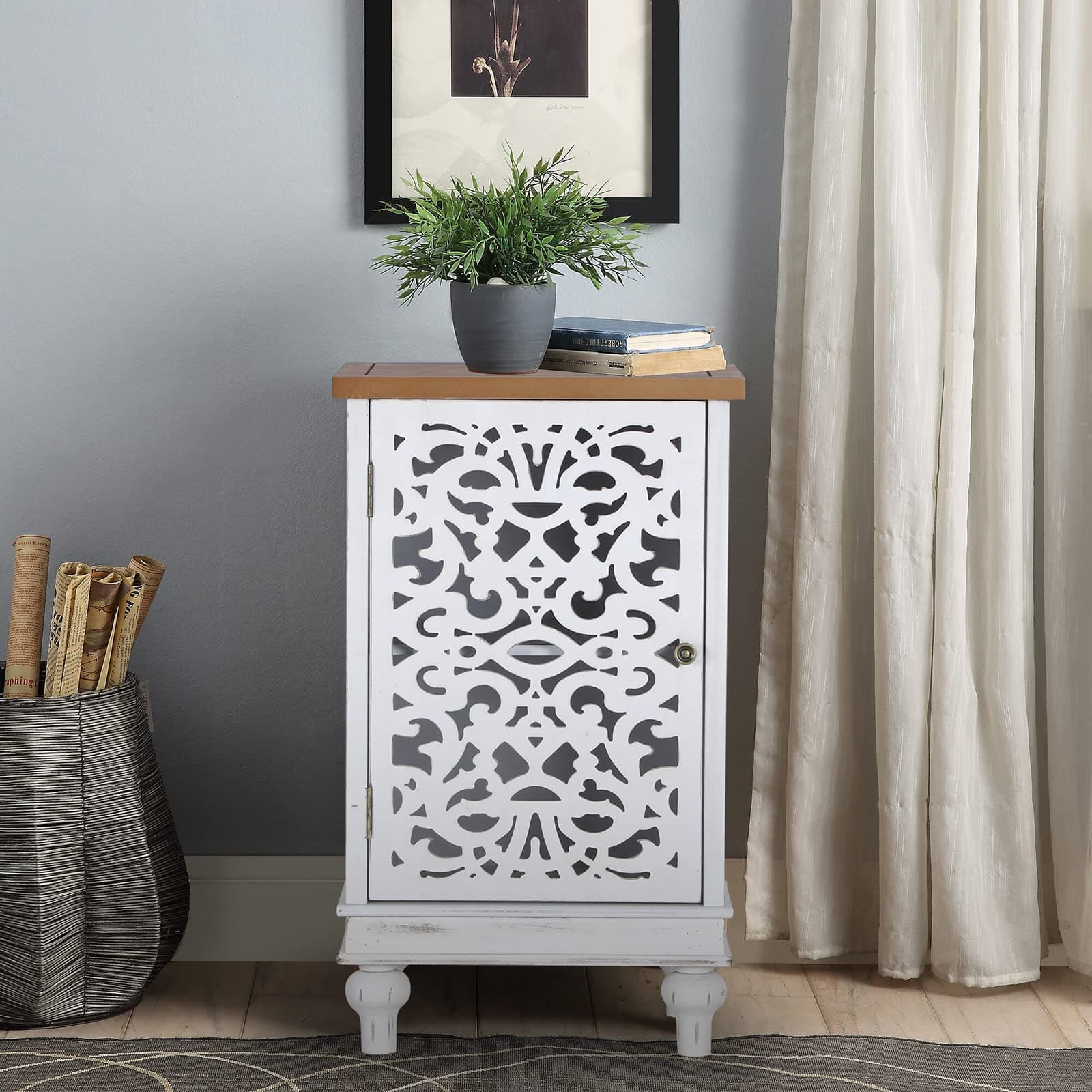 Sophia & William Accent Cabinet Small, 31.5" Tall Side End Table, Distressed Nightstand with Wooden Frame and Hollow Carved Door, White, 1-Door