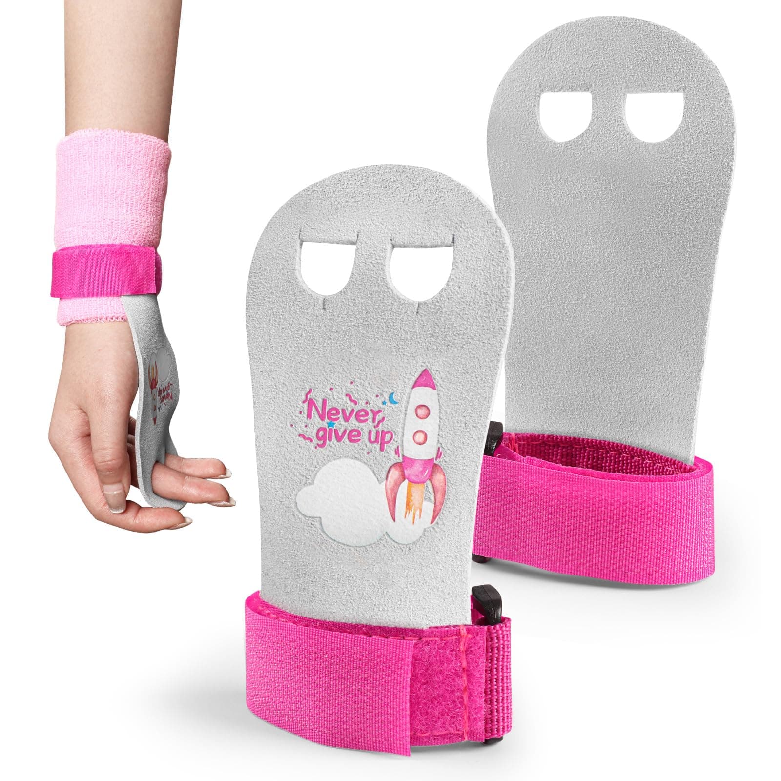 BRAMASOLE Gymnastics Hand Grips Wristbands Sets 1 Pair for Girls Youth Kids, Gymnastic Bar Palm Protection & Wrist Support, Premium Accessory for Workout Exercise Sports (Never Give Up, X-Small)
