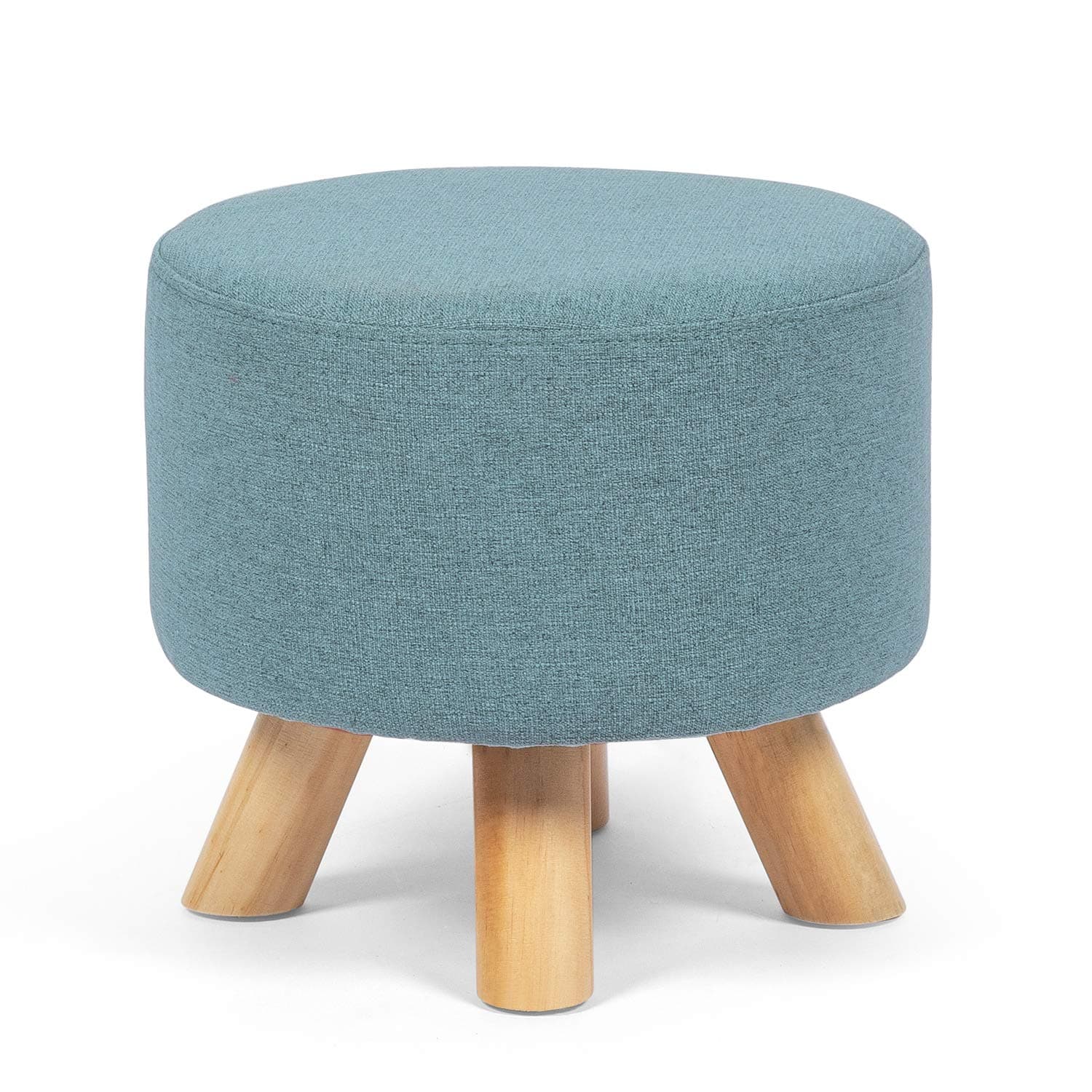 Homebeez Round Ottoman Foot Rest Stool, Small Fabric Footstool with Non-Skid Wood Legs, Blue