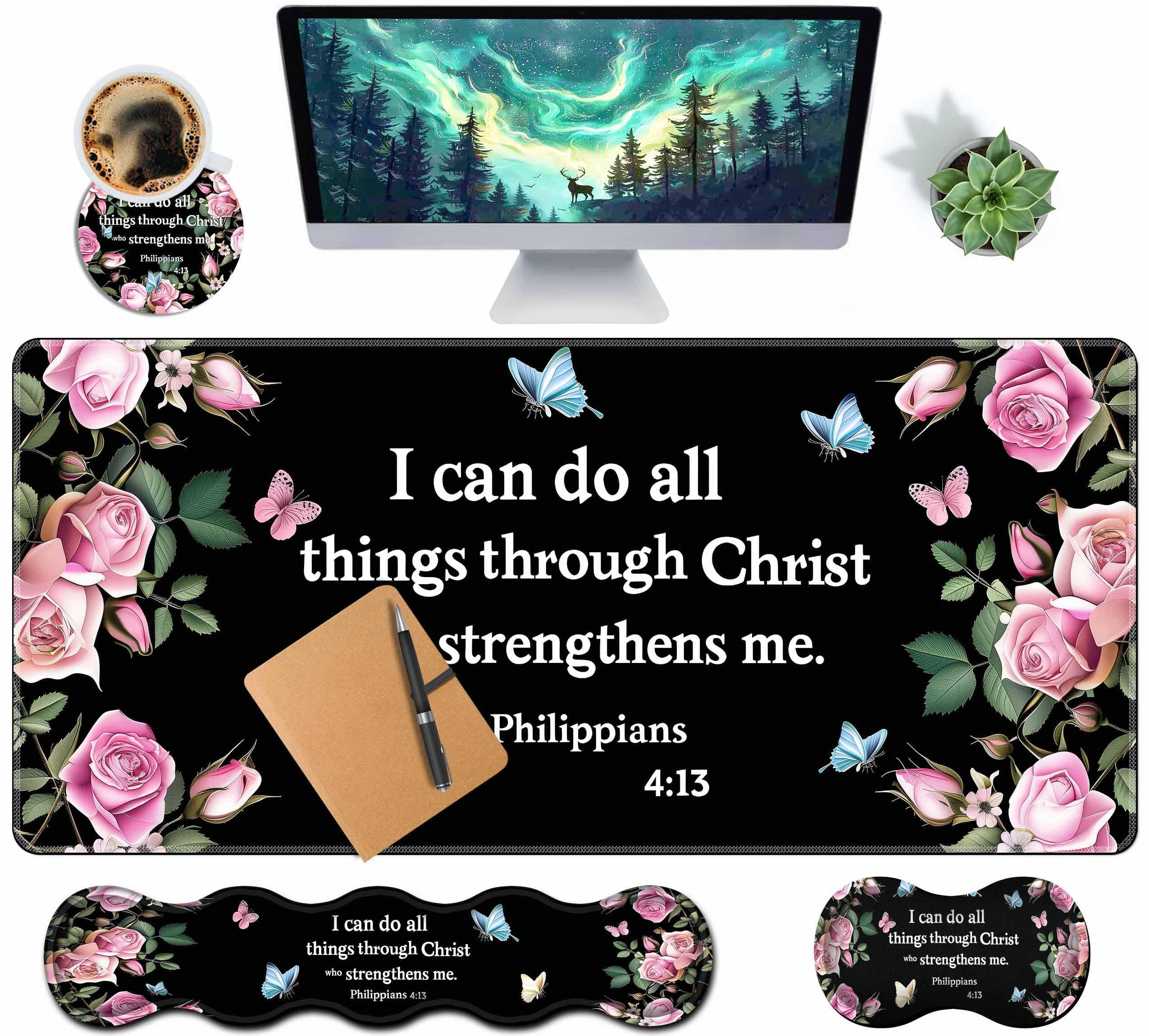 AiLiTeck Large Mouse Pad Set 31.5 x 15.7 – 4 Piece All-in-One Desk Pad with Keyboard Wrist Support, Wrist Rest & Coaster, Ergonomic Memory Foam No Slip Base Office Essentials Inspirational Verse