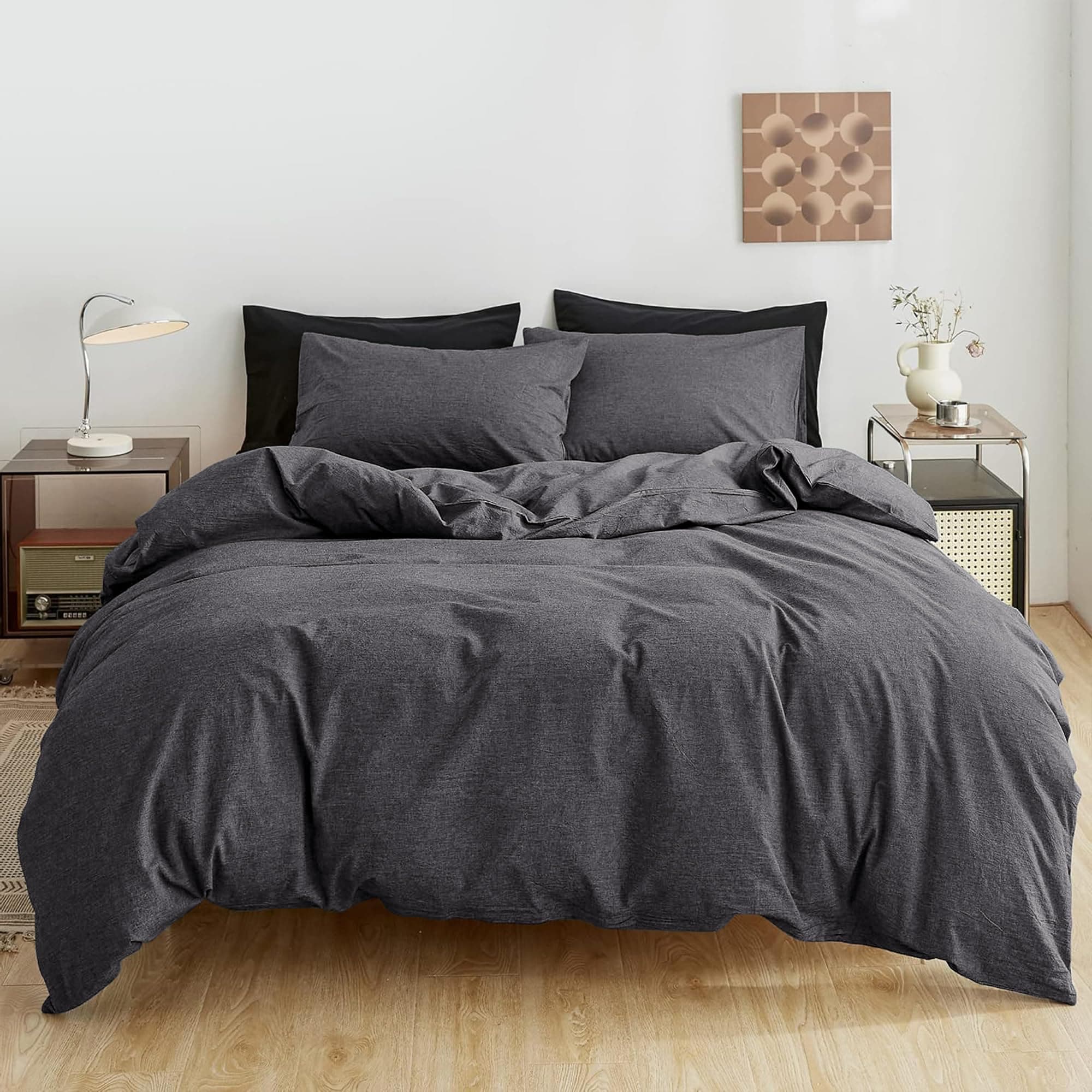 FANSTIVE Dark Grey Duvet Cover Set Washed Cotton Linen Like, King