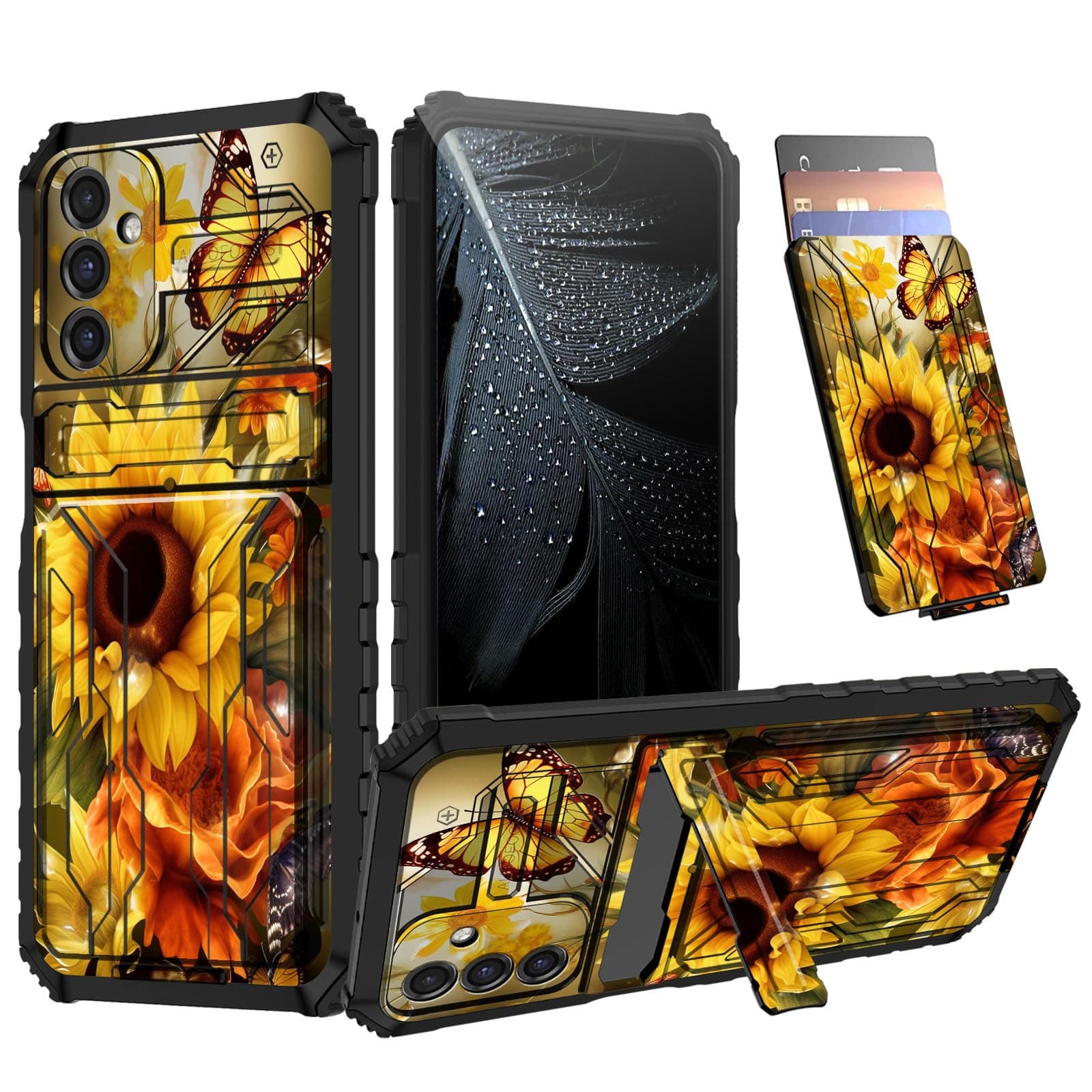 for Samsung Galaxy A16 5G Wallet Case with Kickstand & Credit Card Slot, Slim Rugged Shockproof Military Grade Protective Galaxy A16 Case, Heavy Duty Phone Case for Samsung A16 5G, Butterfly Sunflower