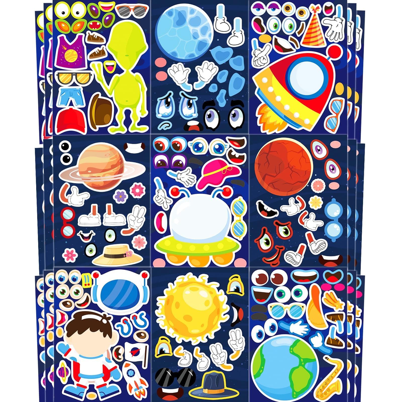 Ozepao 36 Sheets 8.27''x 5.91'' Make Your Own Space Stickers for Kids, Make a Face Stickers Mix and Match with Alien Solar System Planet and Astronaut for Kids Party Favers Gift Bags Decor