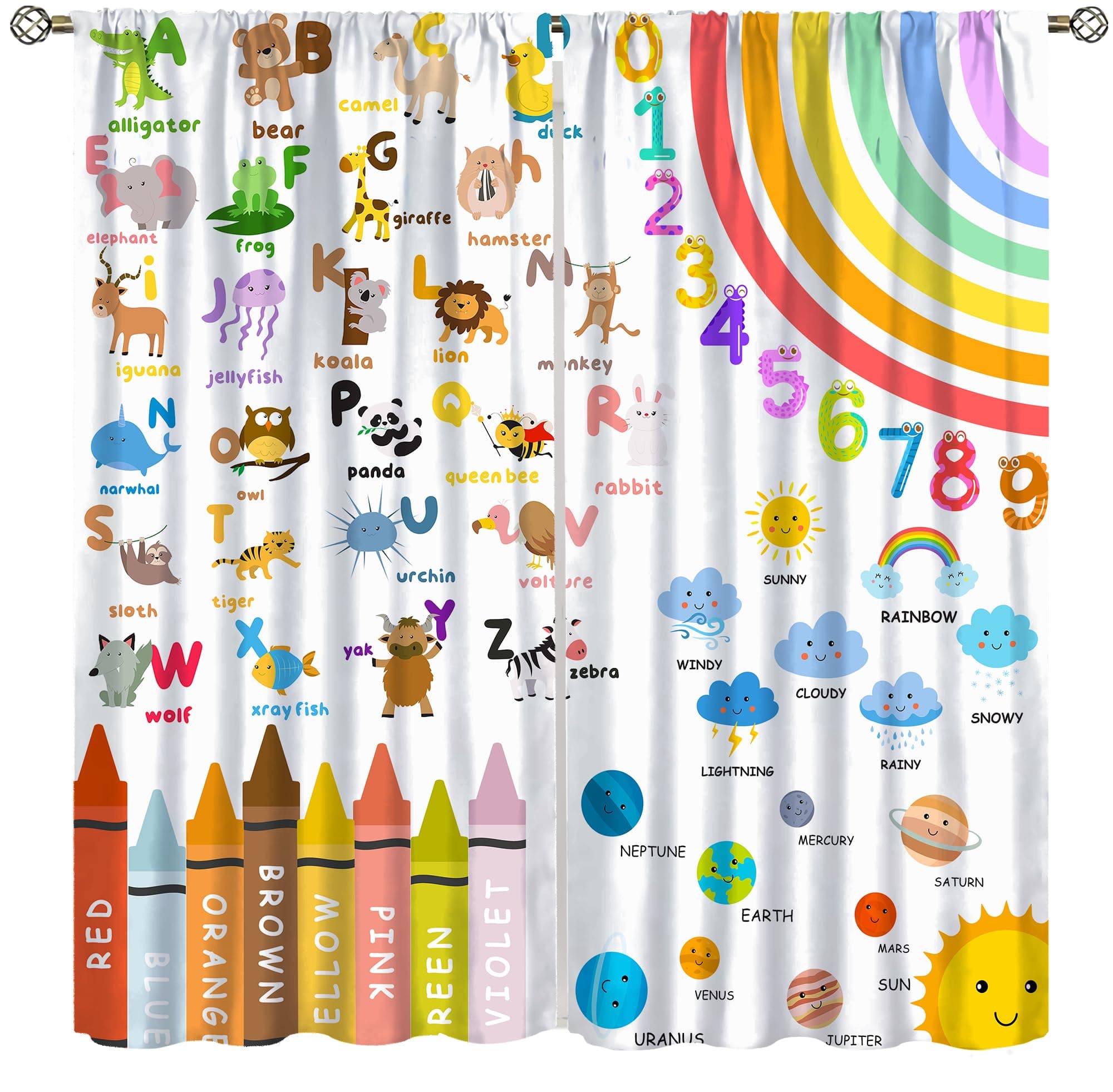 Alphabets ABC Blackout Curtains for Kids,Education Learning Rainbow Crayons Alphabet Colors Animals Numbers Galaxies Window Drapes for Boys Girls Nursery Children Toddler Bedroom 42x45in(Blackout)