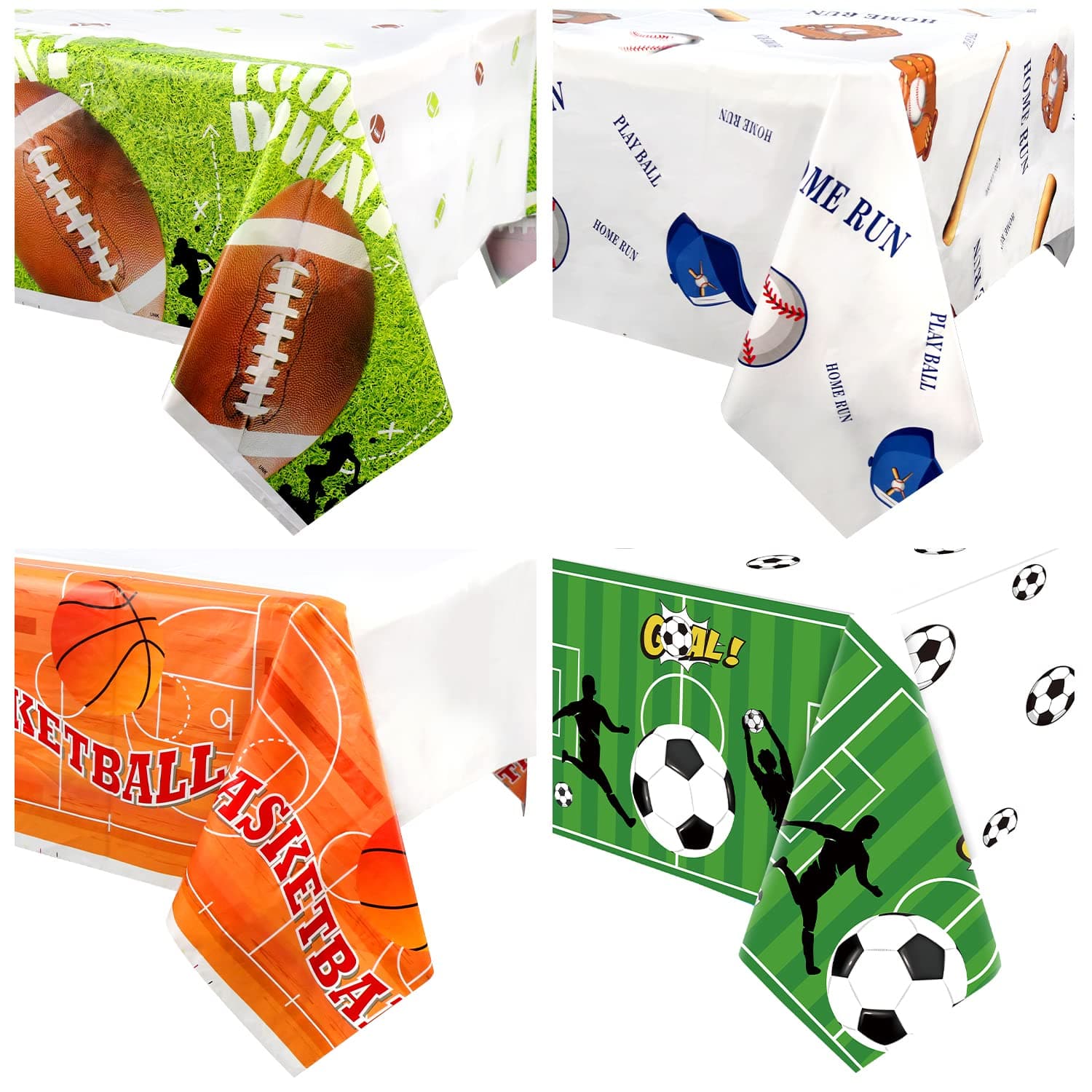 Lilwemen 4 Pcs Sports Themed Party Decorations - Baseball Basketball Football Soccer Tablecloth for Sports Birthday Party Supplies, Superstar Ball, Fans Club, Game Day, Table Covers