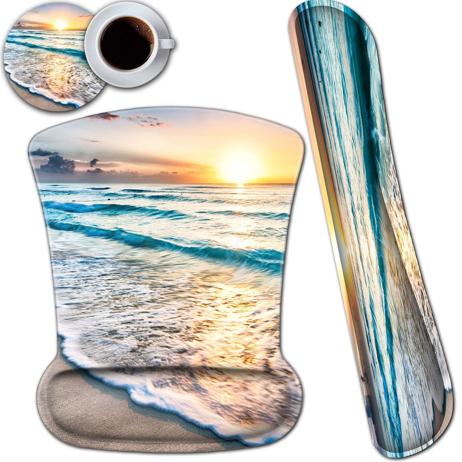 Ergonomic Mouse Pad with Gel Wrist Support and Non-Slip PU Base, Wireless Office Desk Pad Memory Foam Keyboard Wrist Rest Desktop Accessories, Sunrise on The Beach Pattern Gaming Mouse Pad