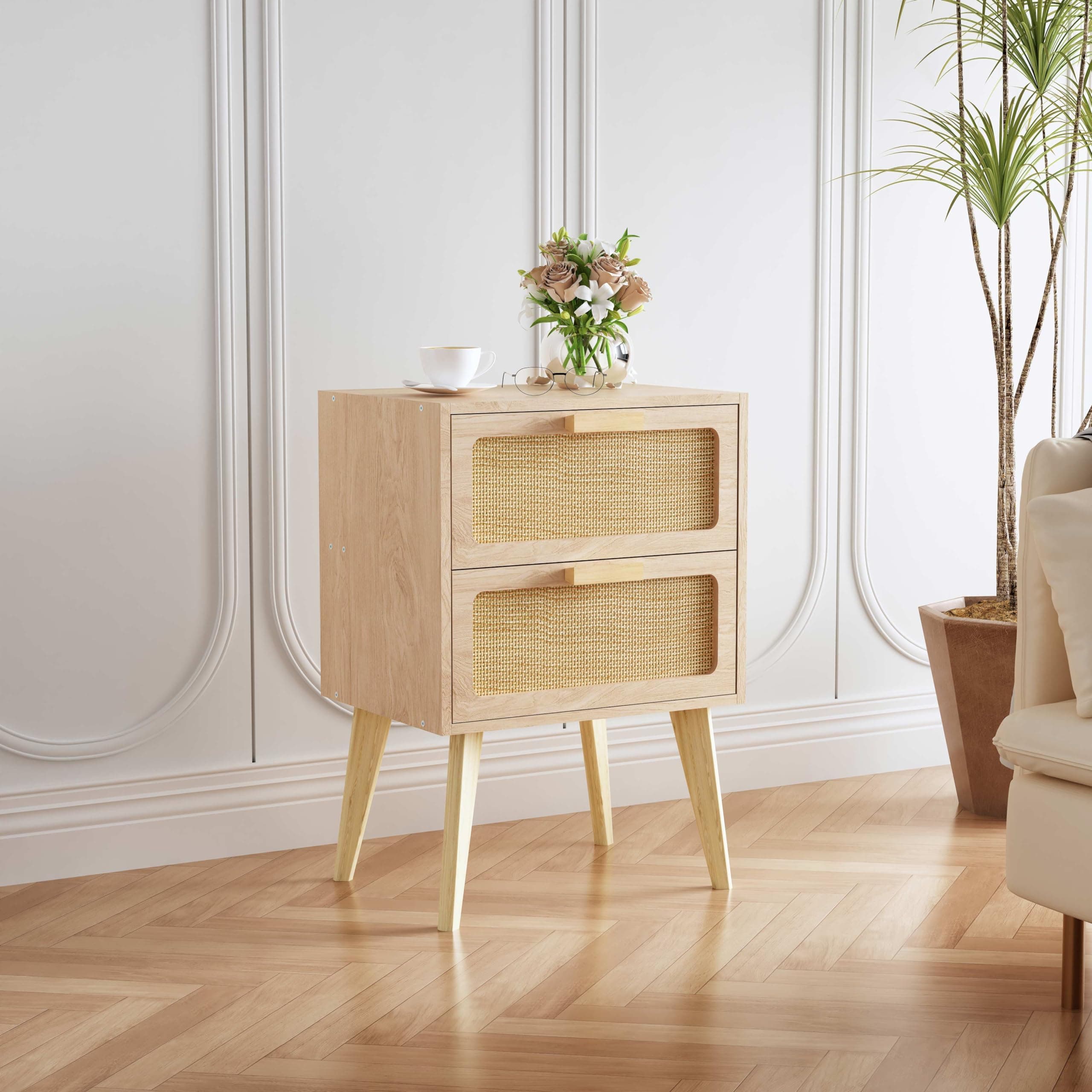 YAUKOMEL Rattan Nightstand, Wood End Table, Side Table,Natural
