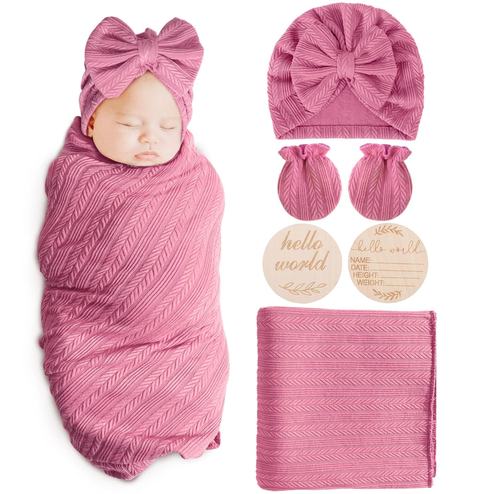 AQOKKA Newborn Receiving Blanket Wheat Ear Bow Hat Mitten Set