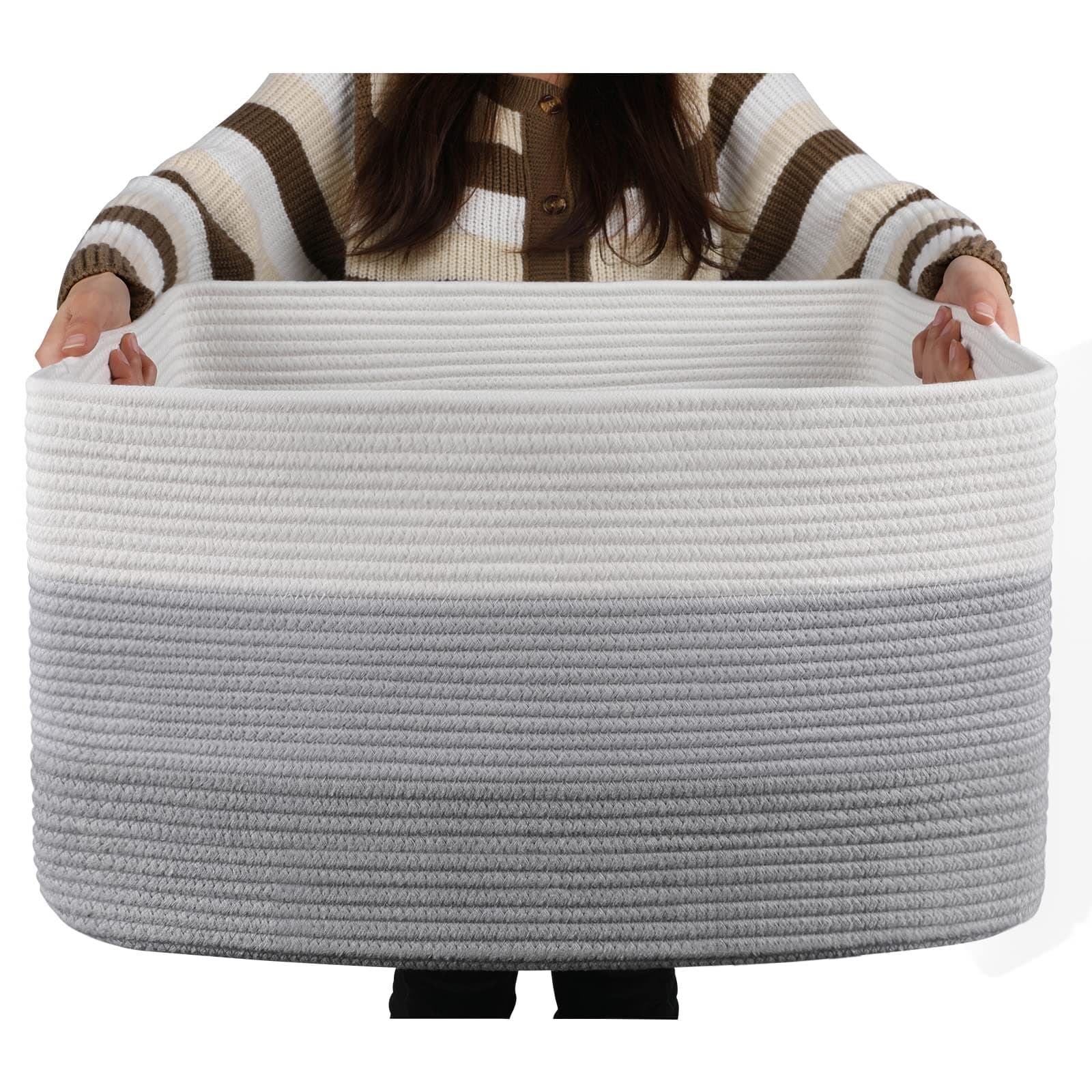 OIAHOMY Large Cotton Rope Basket, Rectangle Woven Baskets for Storage, Nursery Blanket Basket Living Room, Toy Basket With Handle, Wicker Baskets for Organizing-22”x17”x12”-Gradient Grey