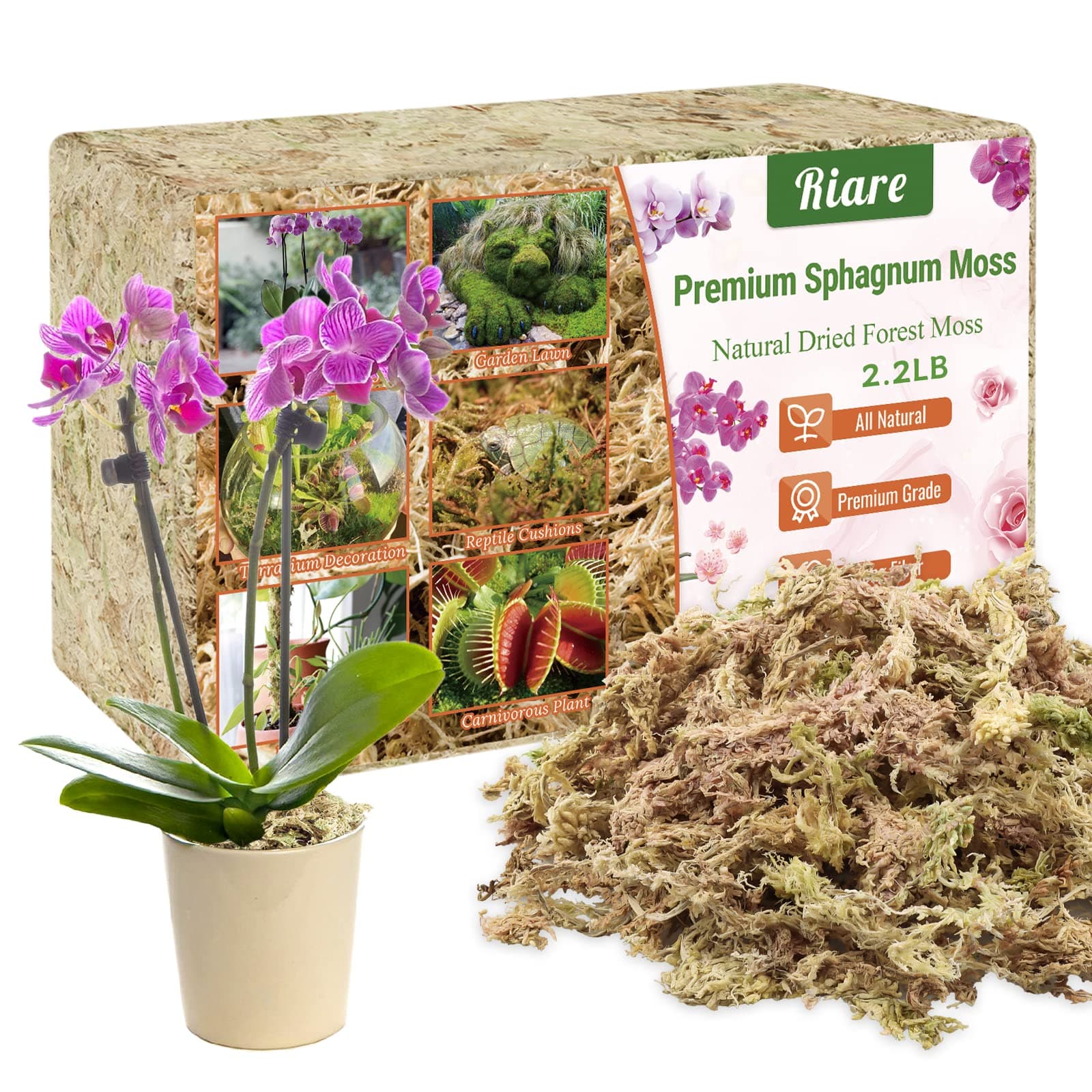 Riare 2.2LB Premium Sphagnum Moss for Plants- Natural Long Fiber Plant Moss