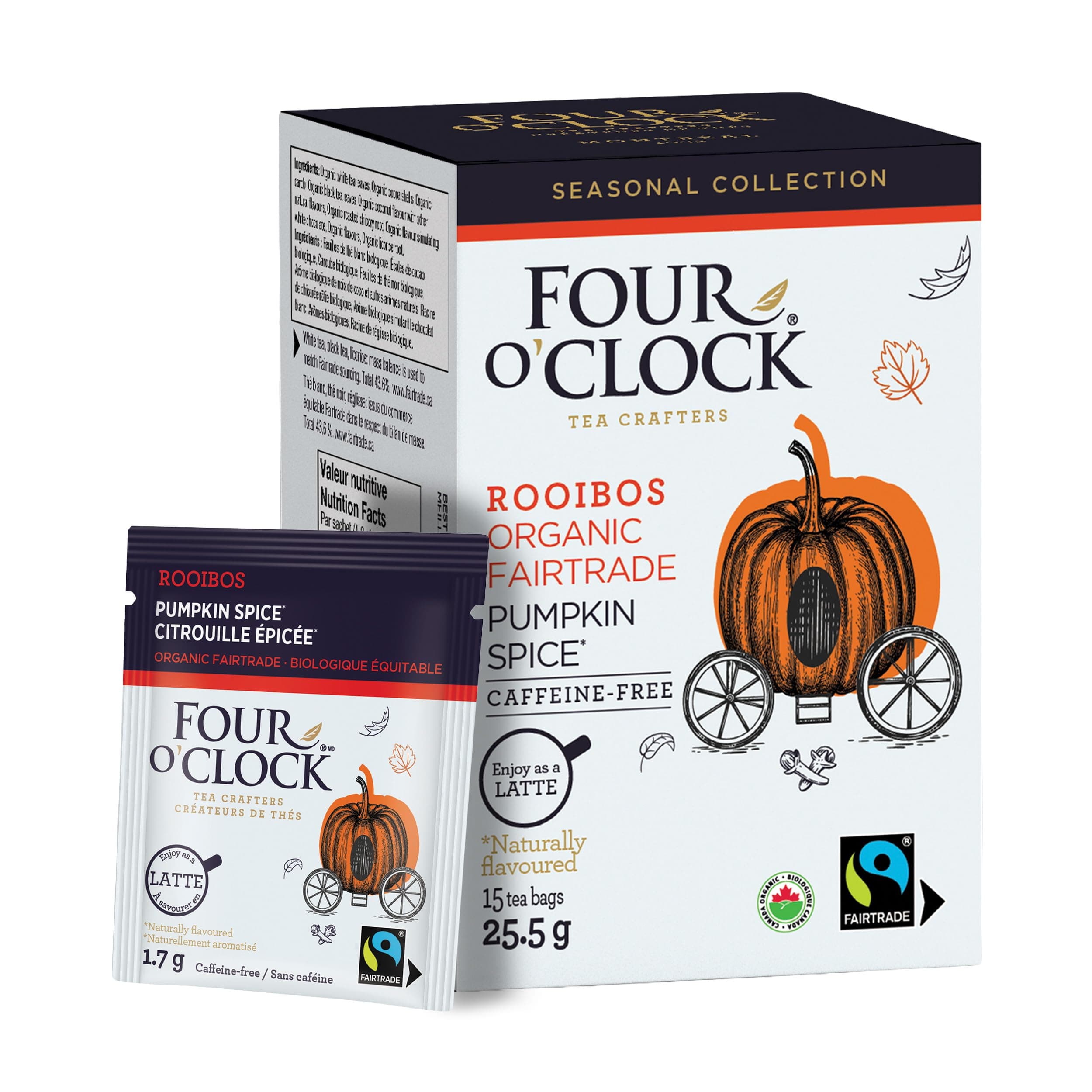 Four O'Clock Pumpkin Spice Rooibos Herbal Tea, Organic, Fairtrade, Fall Seasonal Collection, Holiday Edition, Kosher, Gluten-Free, Naturally Caffeine-Free, 15 Tea Bags