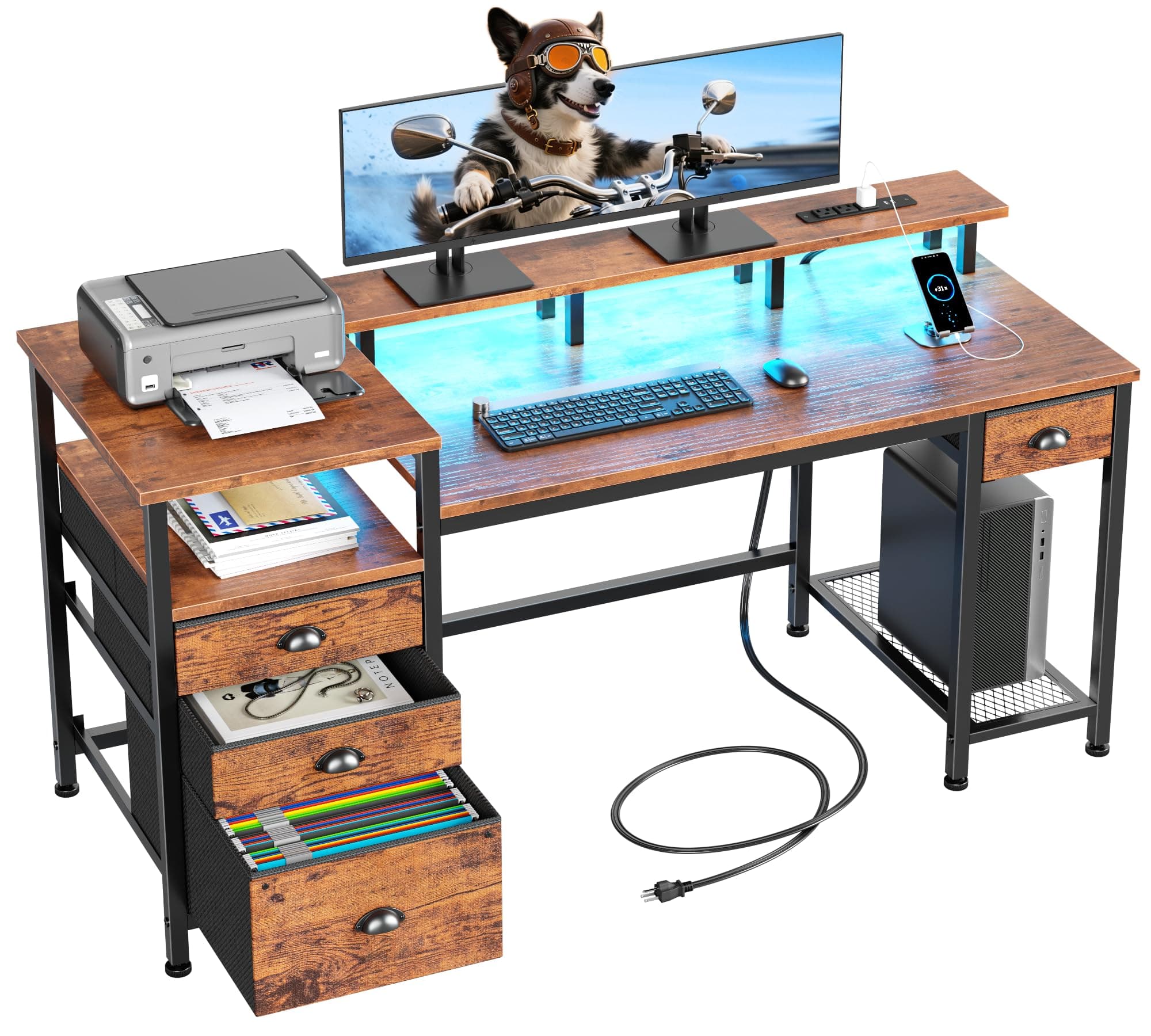Furologee 60" Computer Desk with 4 Drawers, Power Outlet, LED, Rustic Brown