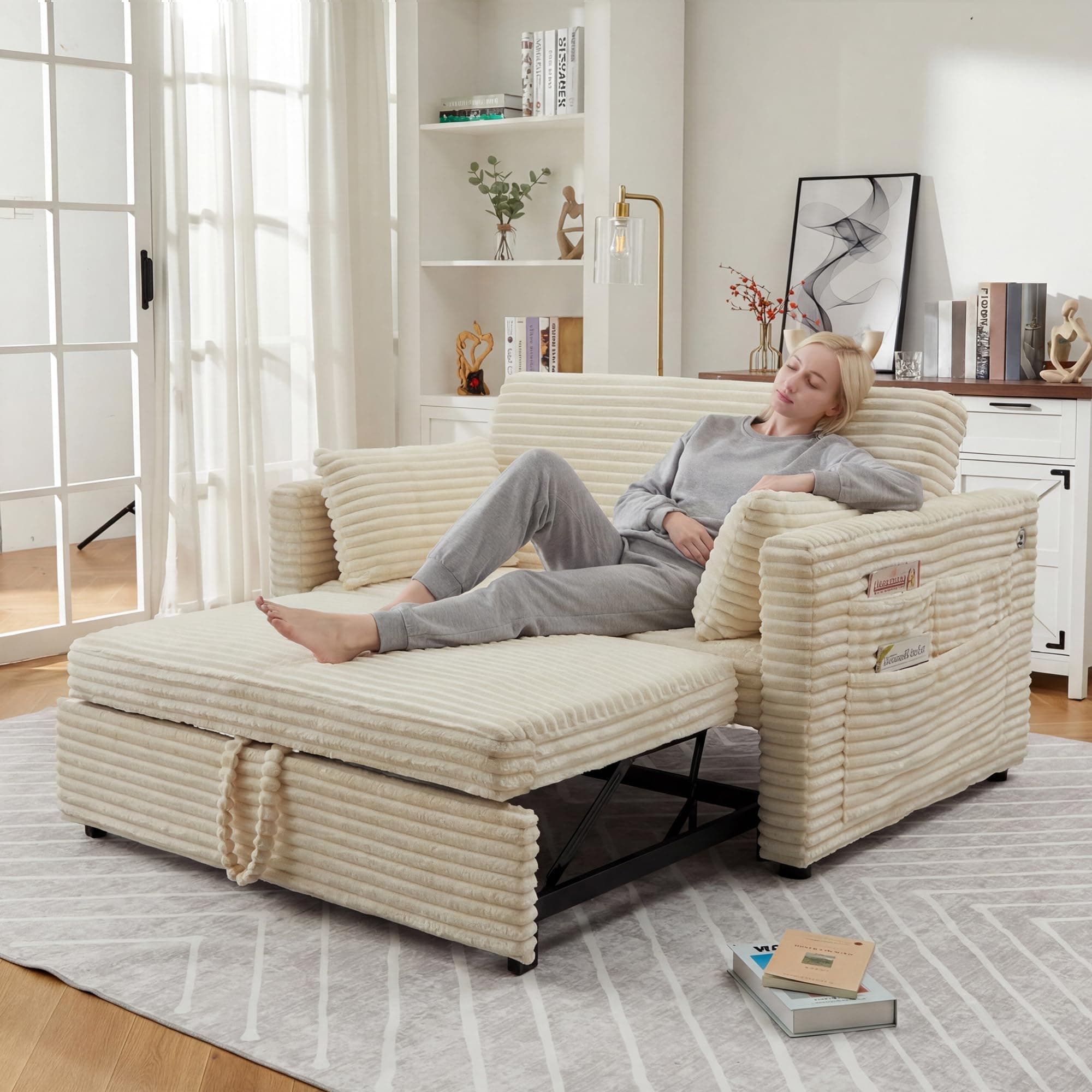 Convertible Sofa Bed with USB Charging Ports, Pull Out Sleeper Loveseat with Adjustable Backrest, Corduroy 2-Seater Couch with Pull-Out Footrest, 2 Pillows & Side Pockets for Small Space,White